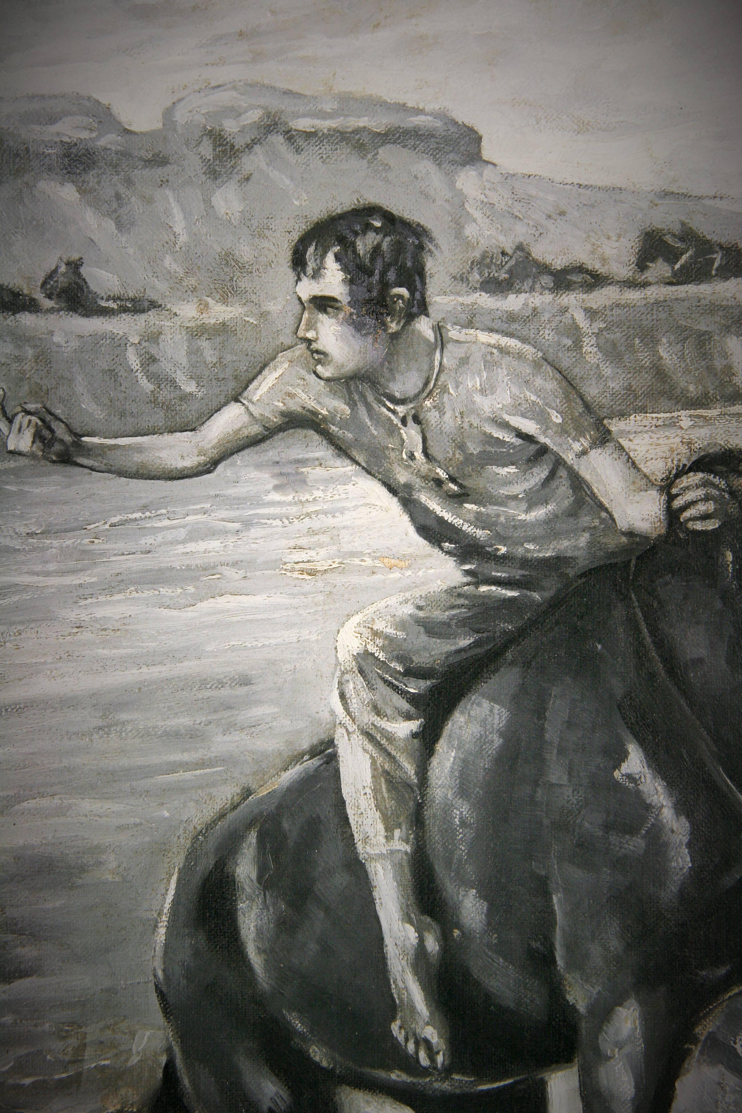 6012 al dipinto River Crossing Equestrian, un olio su tela in bianco e nero del 1910, firmato in basso a destra da Clarence Rowe 1910.
Usura dell'età
Non incorniciato