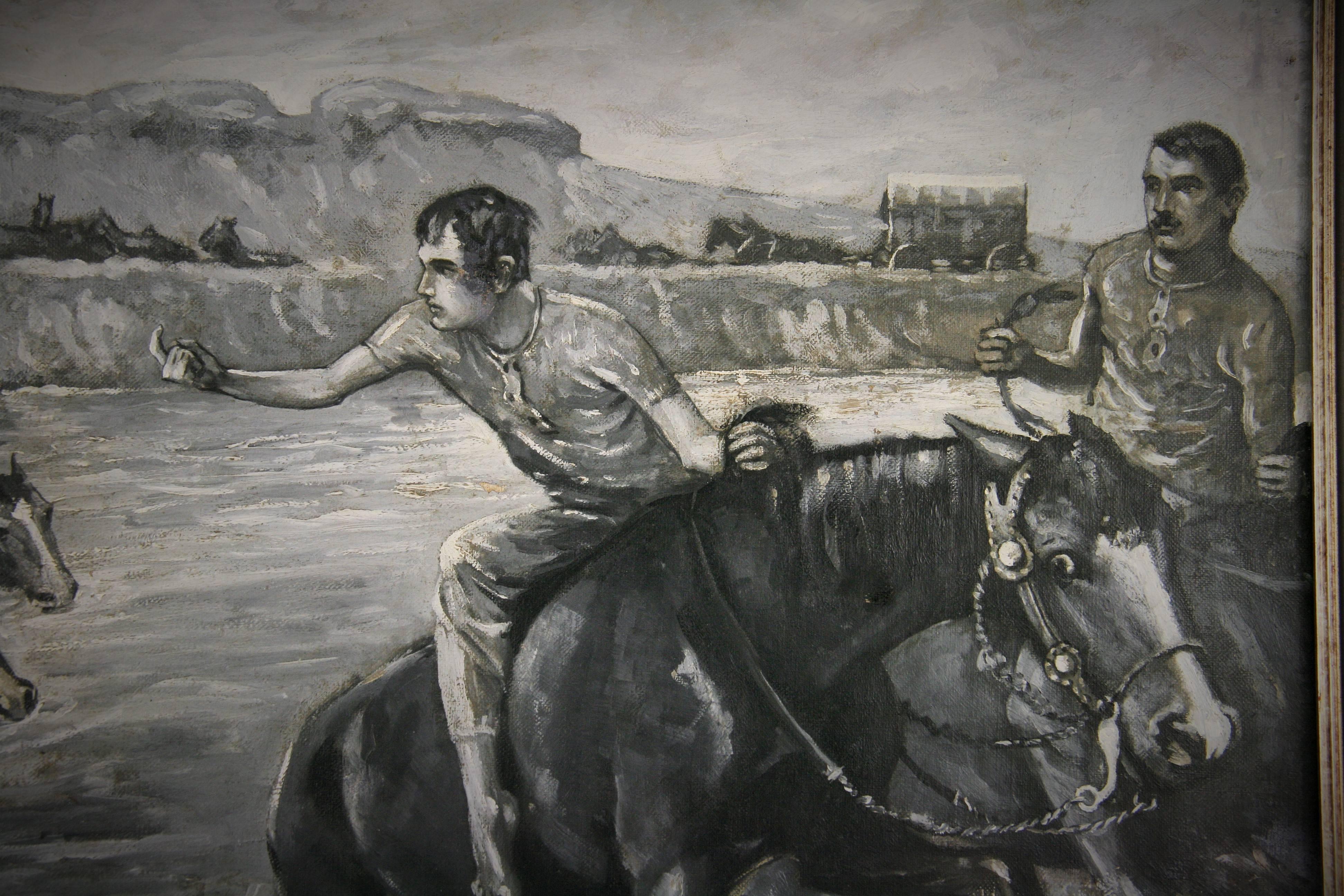 Antique Western River  Crossing Equestrian  Landscape Oil Painting circa 1910 For Sale 2
