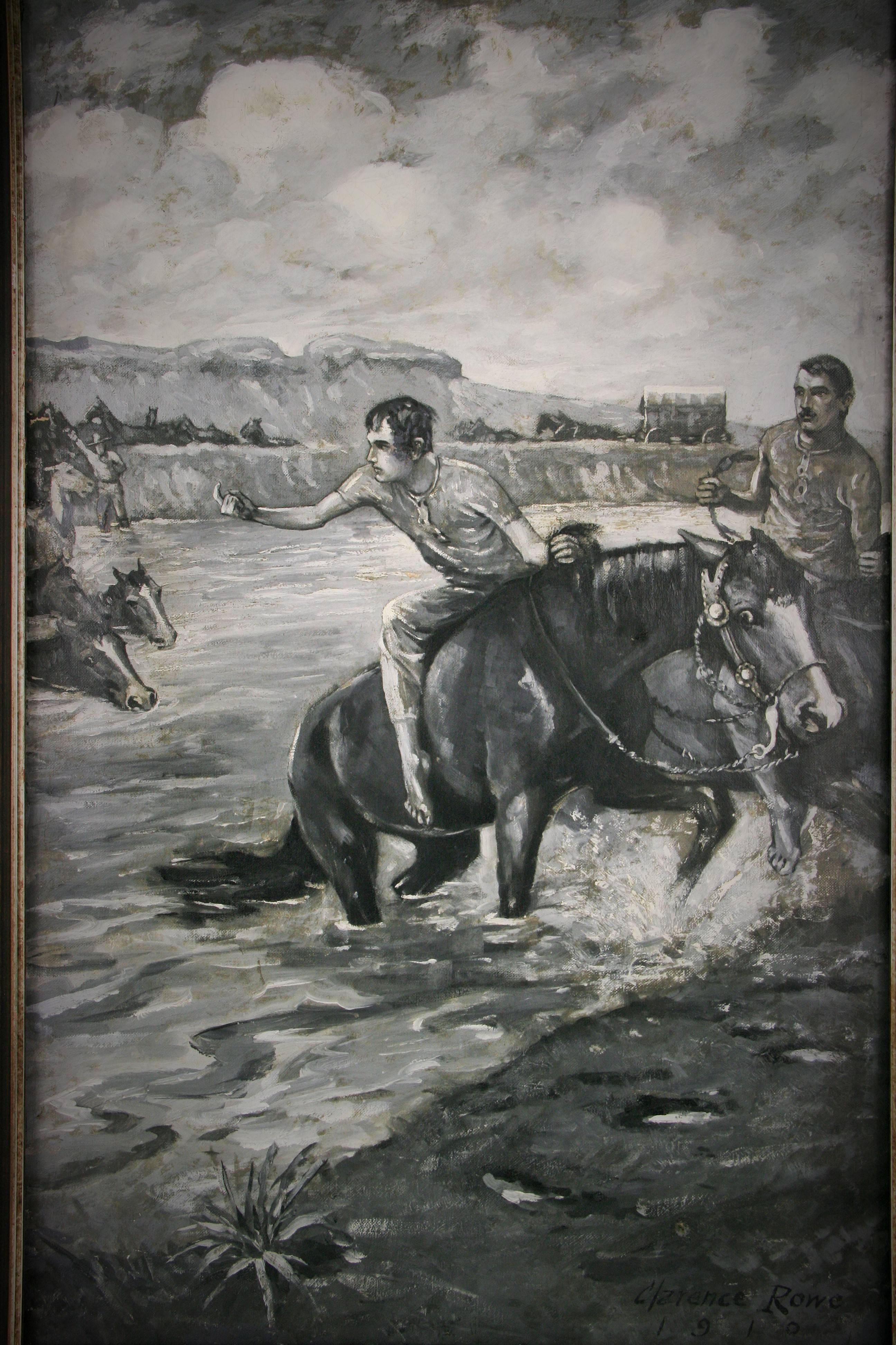 Clarence Rowe Animal Painting - Antique Western River  Crossing Equestrian  Landscape Oil Painting circa 1910