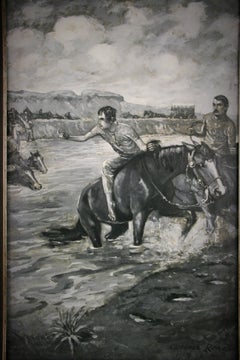 Antique Western River  Crossing Equestrian  Landscape Oil Painting circa 1910