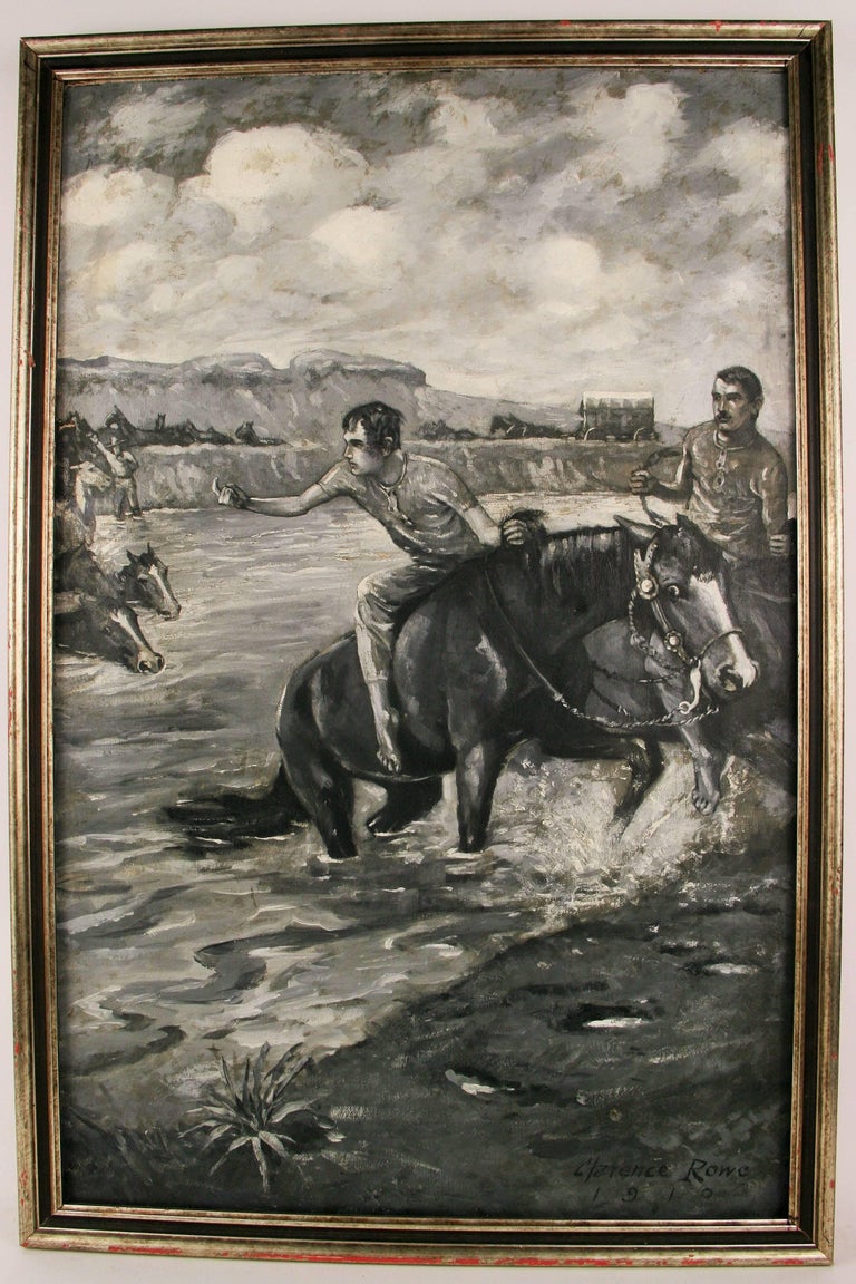  Western River  Crossing Equestrian  Landscape Painting circa 1910 - Gray Figurative Painting by Clarence Rowe