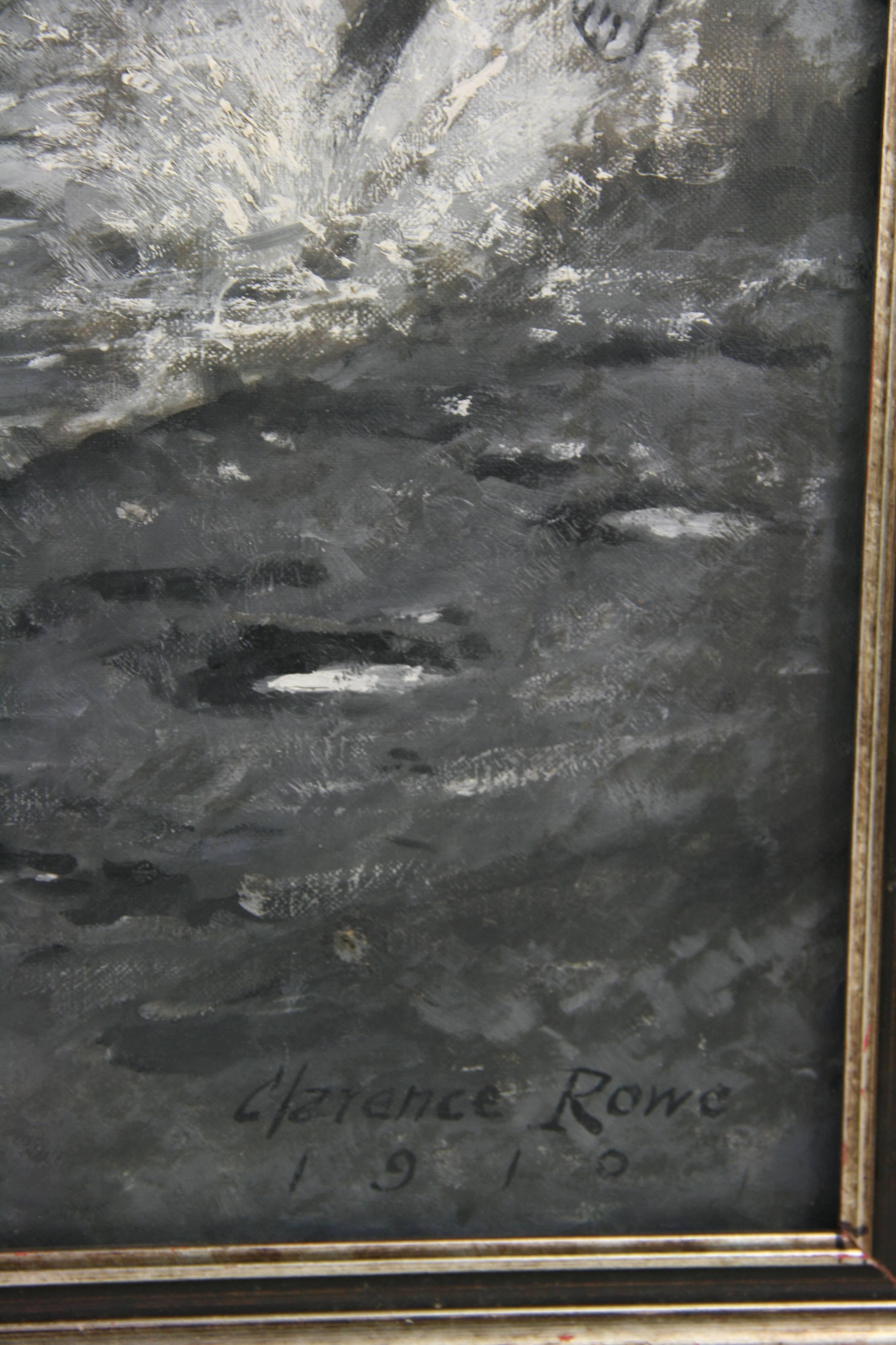 #5-2779a  Peinture équestre River Crossing, huile sur toile en noir et blanc des années 1910, signée en bas à droite par Clarence Rowe 1910.
Usure due à l'âge
Non encadré
