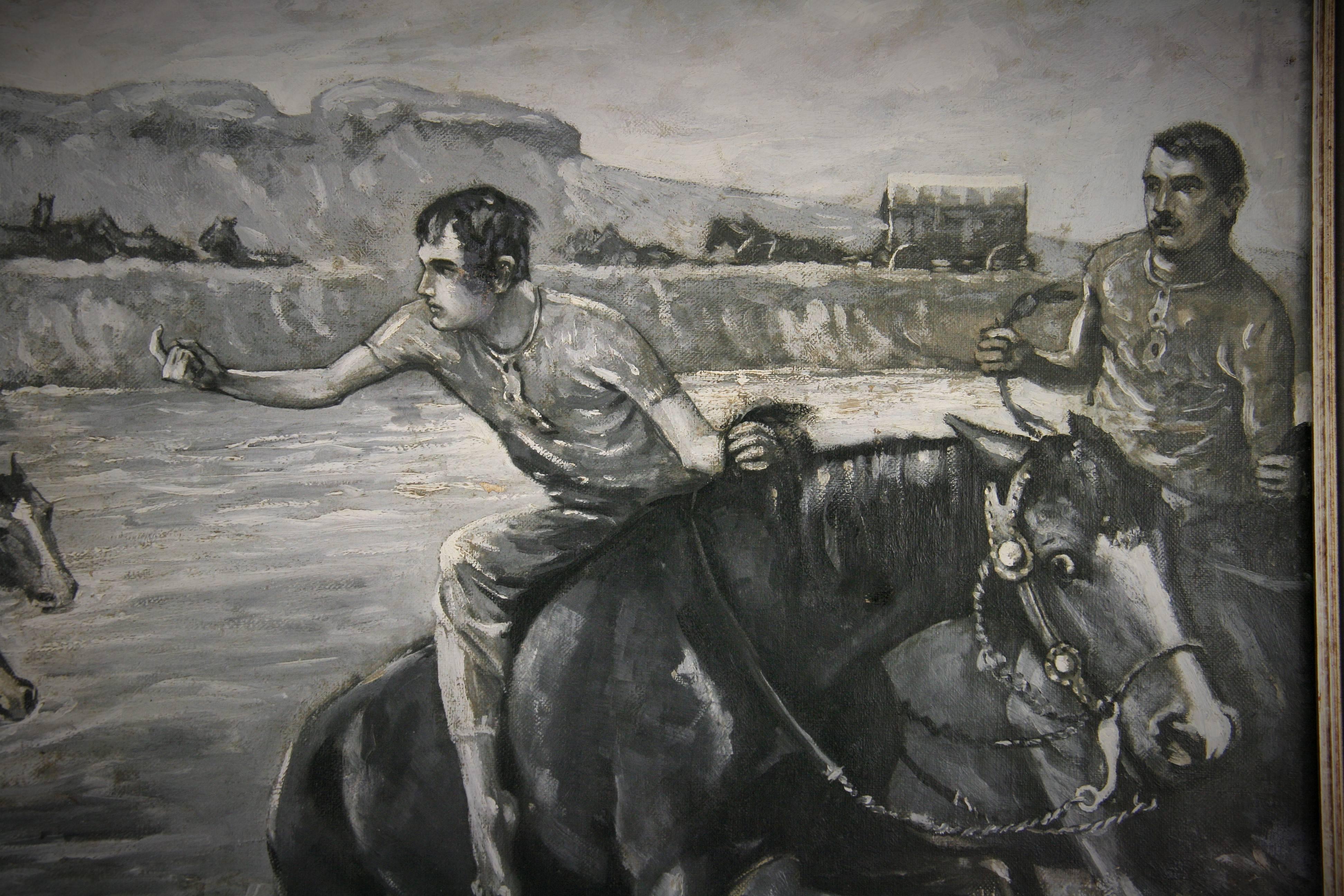  Antiker Western River  Crossing Equestrian  Landschaftsmalerei um 1910 im Angebot 2