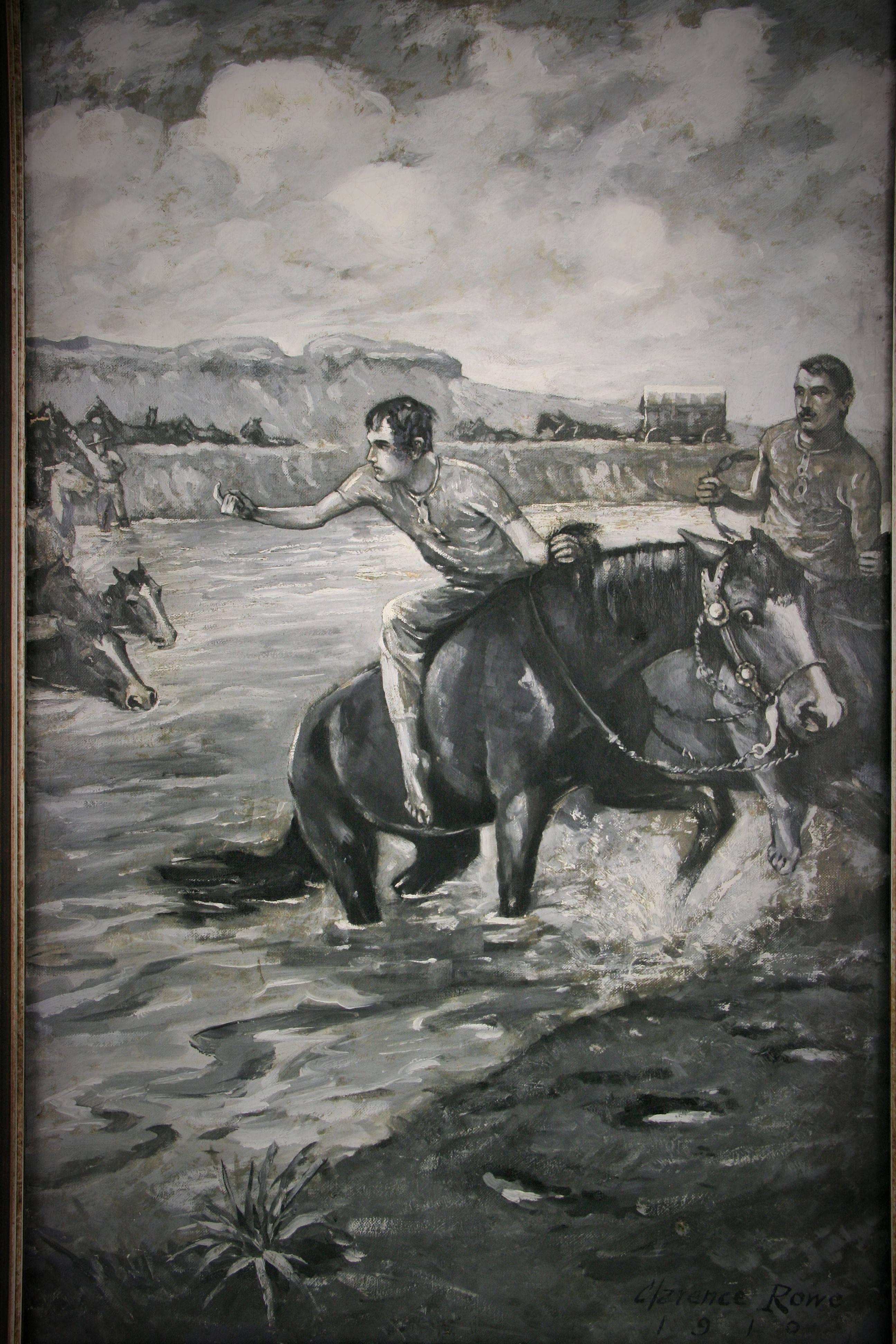 Clarence Rowe Figurative Painting –  Antiker Western River  Crossing Equestrian  Landschaftsmalerei um 1910