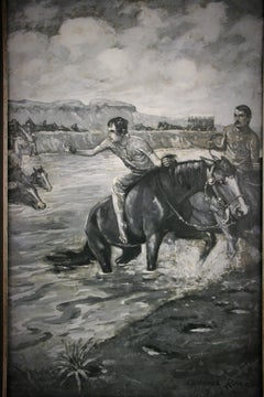 Antique  Western River  Crossing Equestrian  Landscape Painting circa 1910