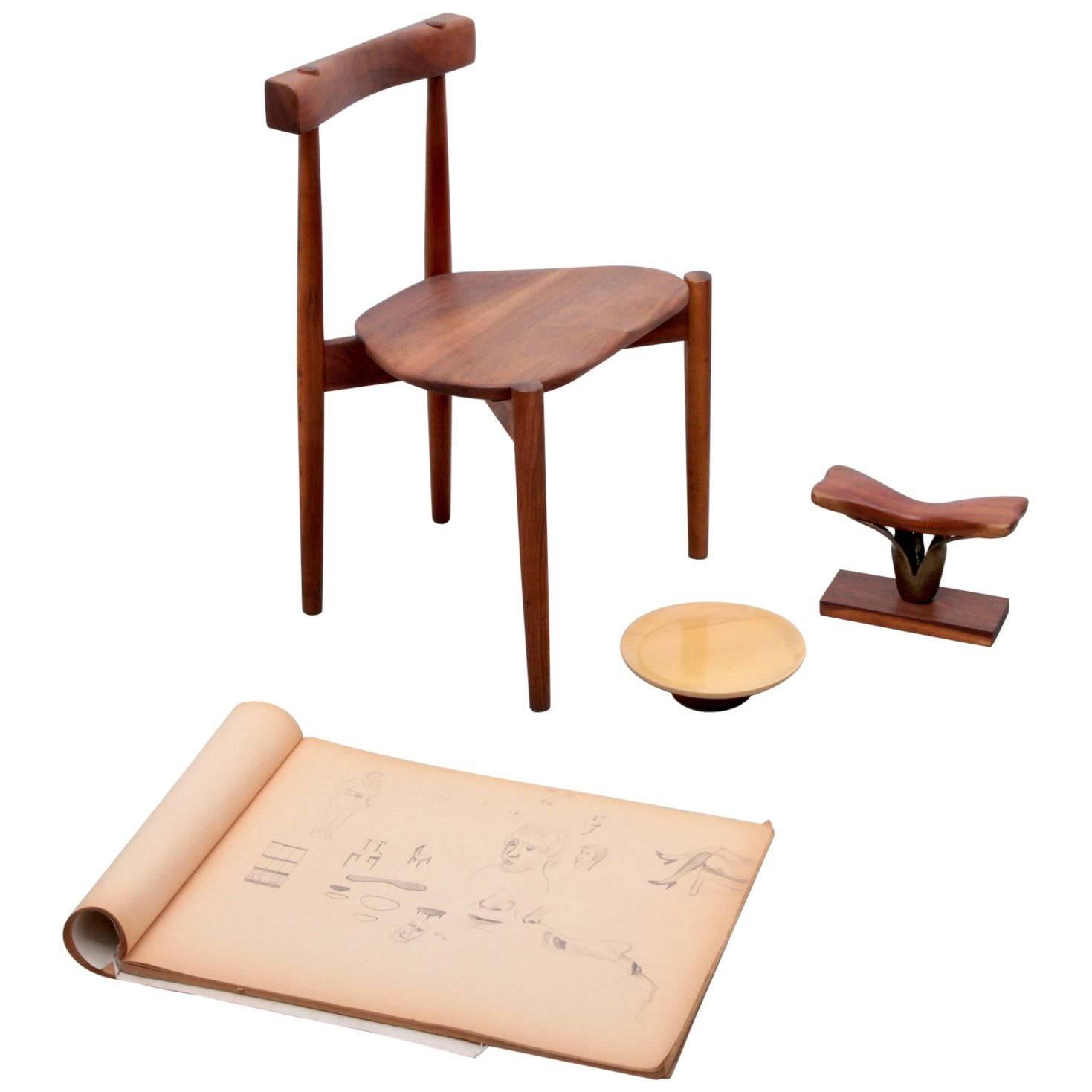 Clarence Teed Collection of a Chair, one Platter a Sculpture and a Sketch Book