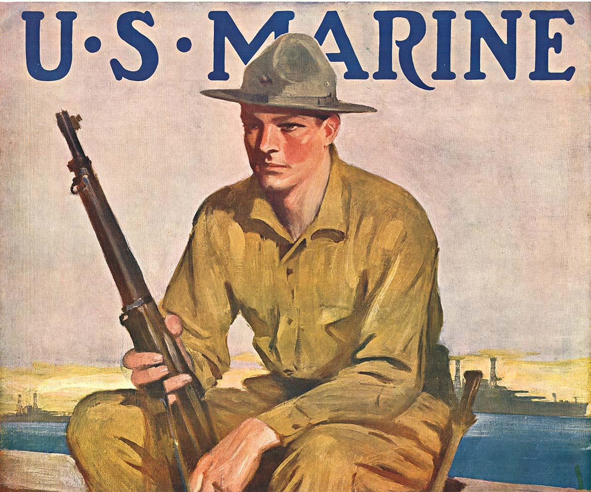 Originale degli Stati Uniti.  Marin Be a Sea Soldier poster d'epoca della Prima Guerra Mondiale - Print di Clarence Underwood
