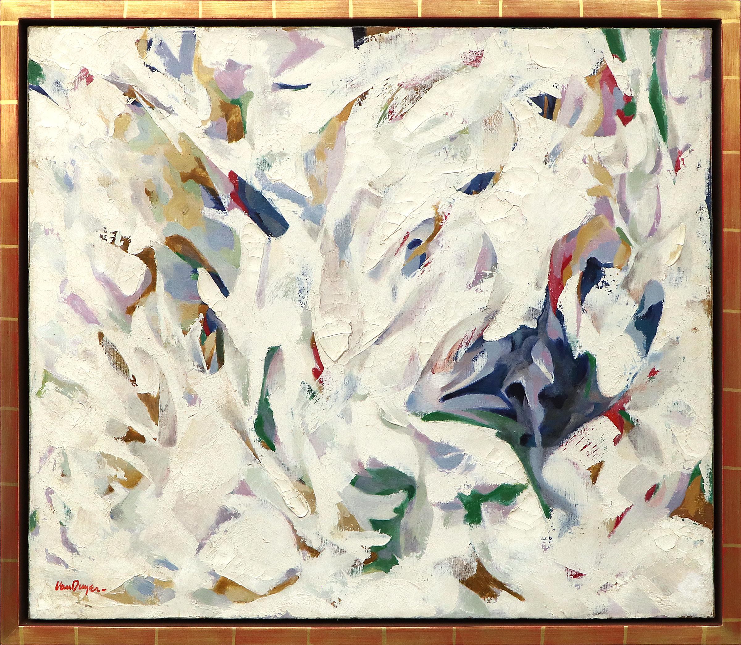 White and multicolor abstract oil on canvas painting by Clarence Van Duzer (1920-2009). Signed by the artist in the lower left corner. Presented in a custom frame measuring 26 ¼ x 30 ¼ inches; image size is 24 x 28 inches.

Abstract composition