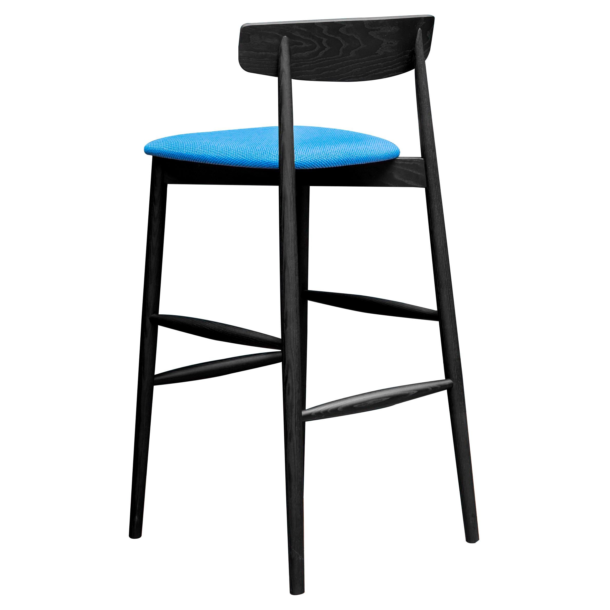 Claretta Small Stool in Tanimo Ultramarine Blue Upholstery with Black Ash Frame For Sale