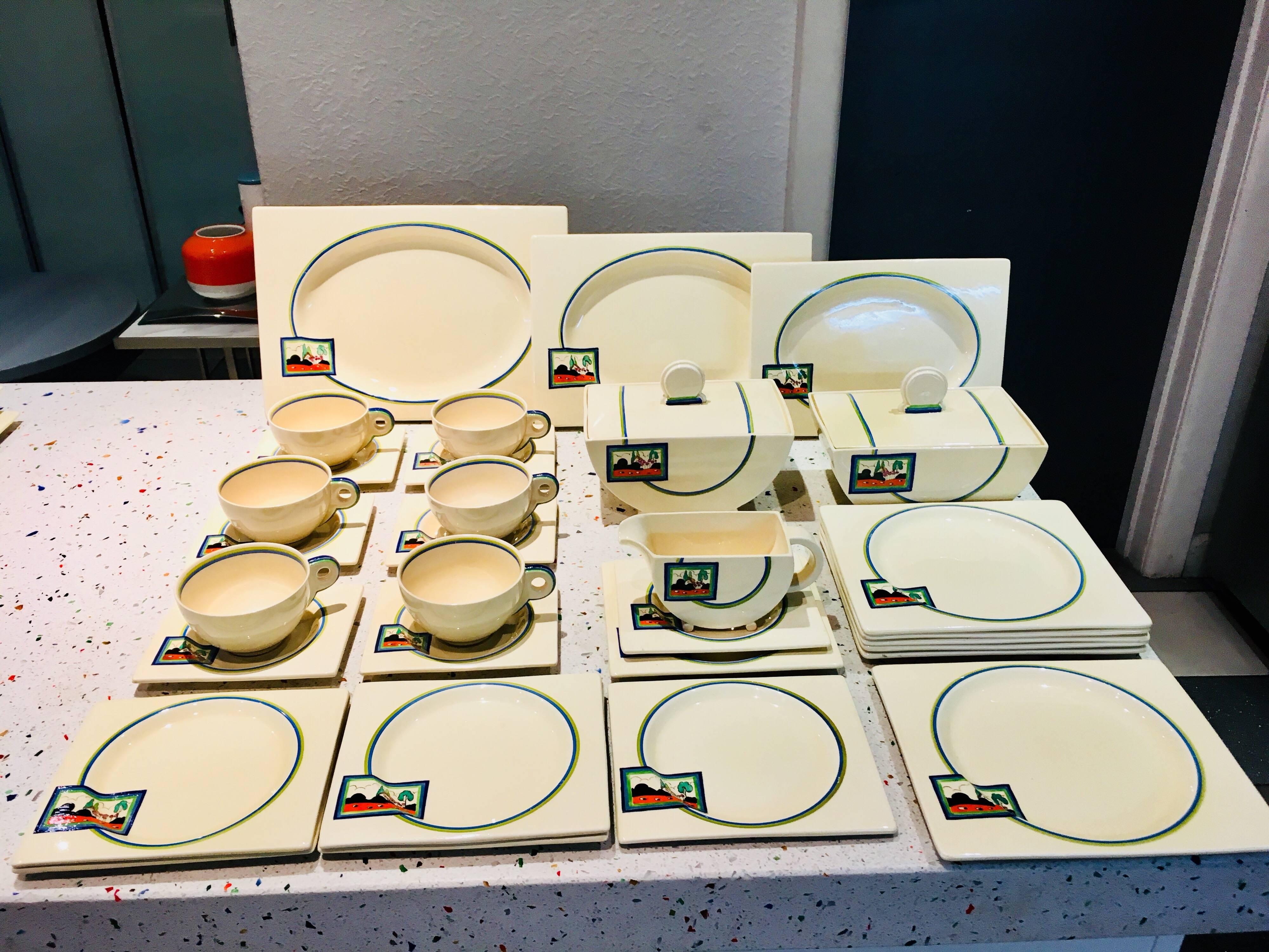English Clarice Cliff 45 Piece Dinner Set Rare Tulips Design, circa 1930s For Sale