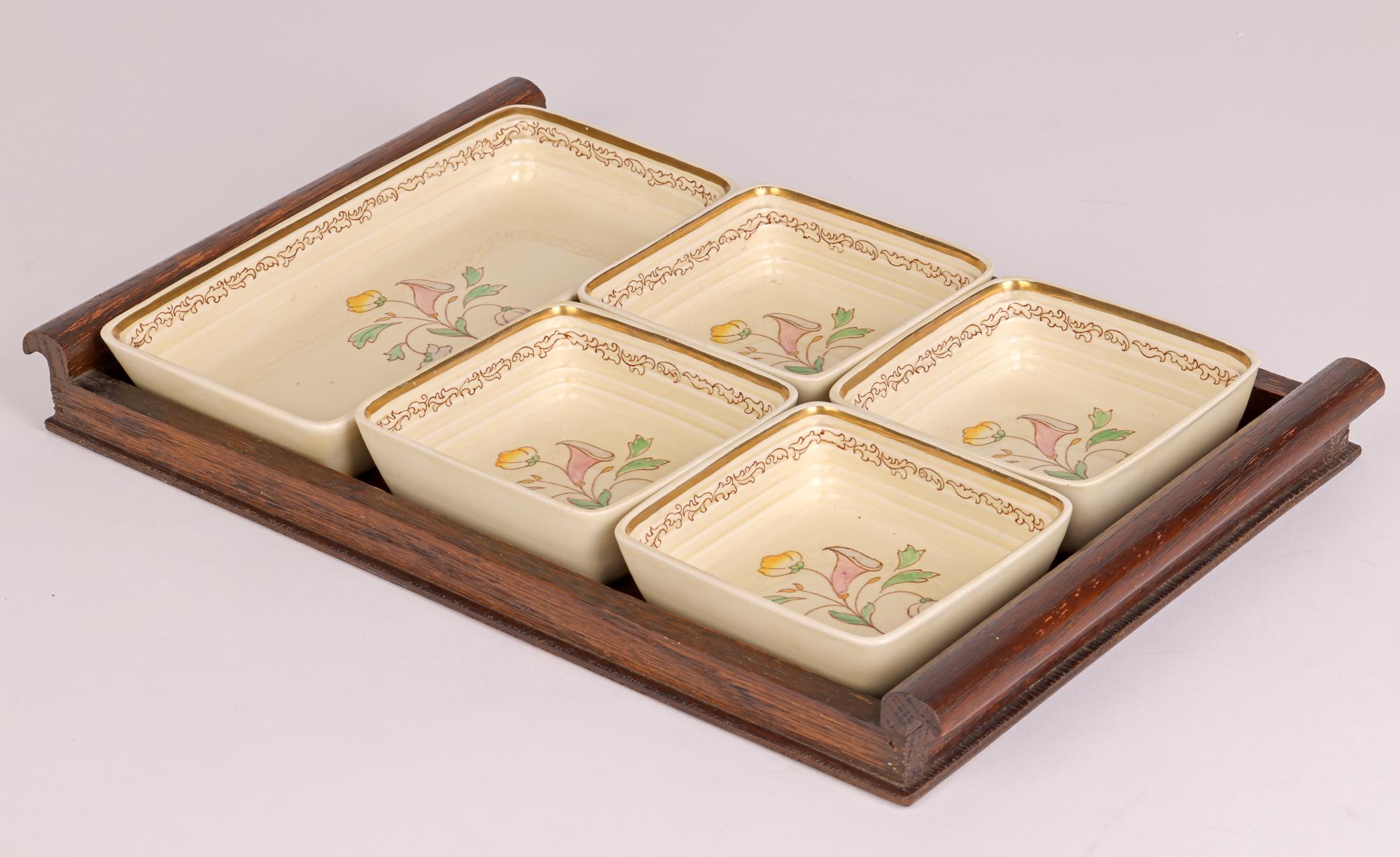 Clarice Cliff Art Deco Floral Painted Hors d’Oeuvres Dish Set on Tray 10