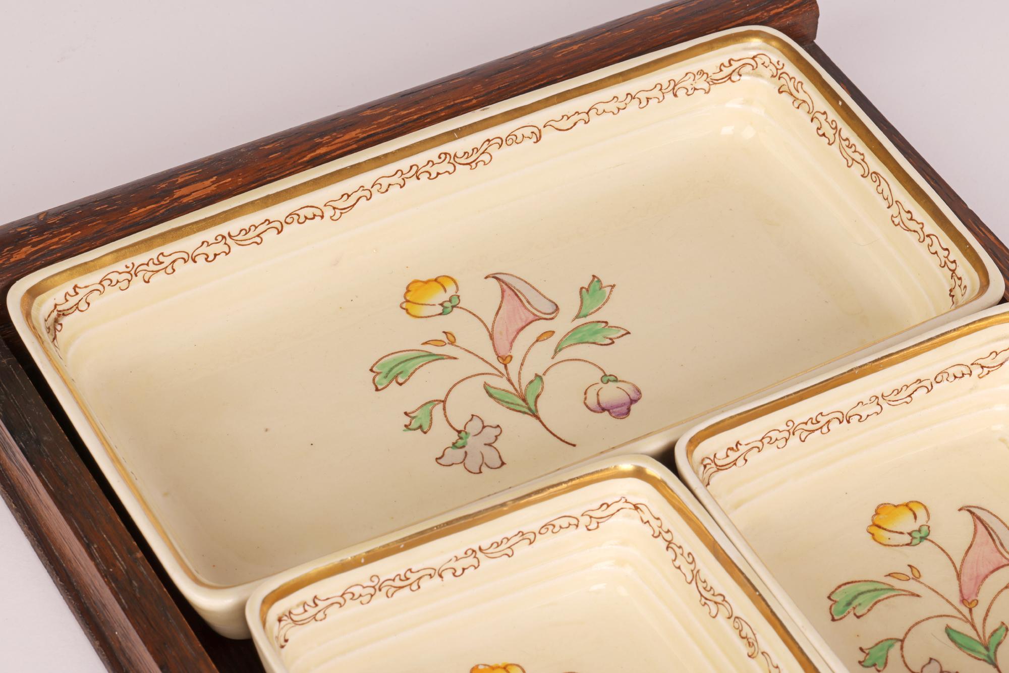 English Clarice Cliff Art Deco Floral Painted Hors d’Oeuvres Dish Set on Tray