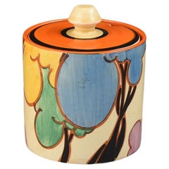 Clarice cliff ART DECO HAND PAINTED BLUE AUTUMN DRUM SHAPE JAMPOT C.1932