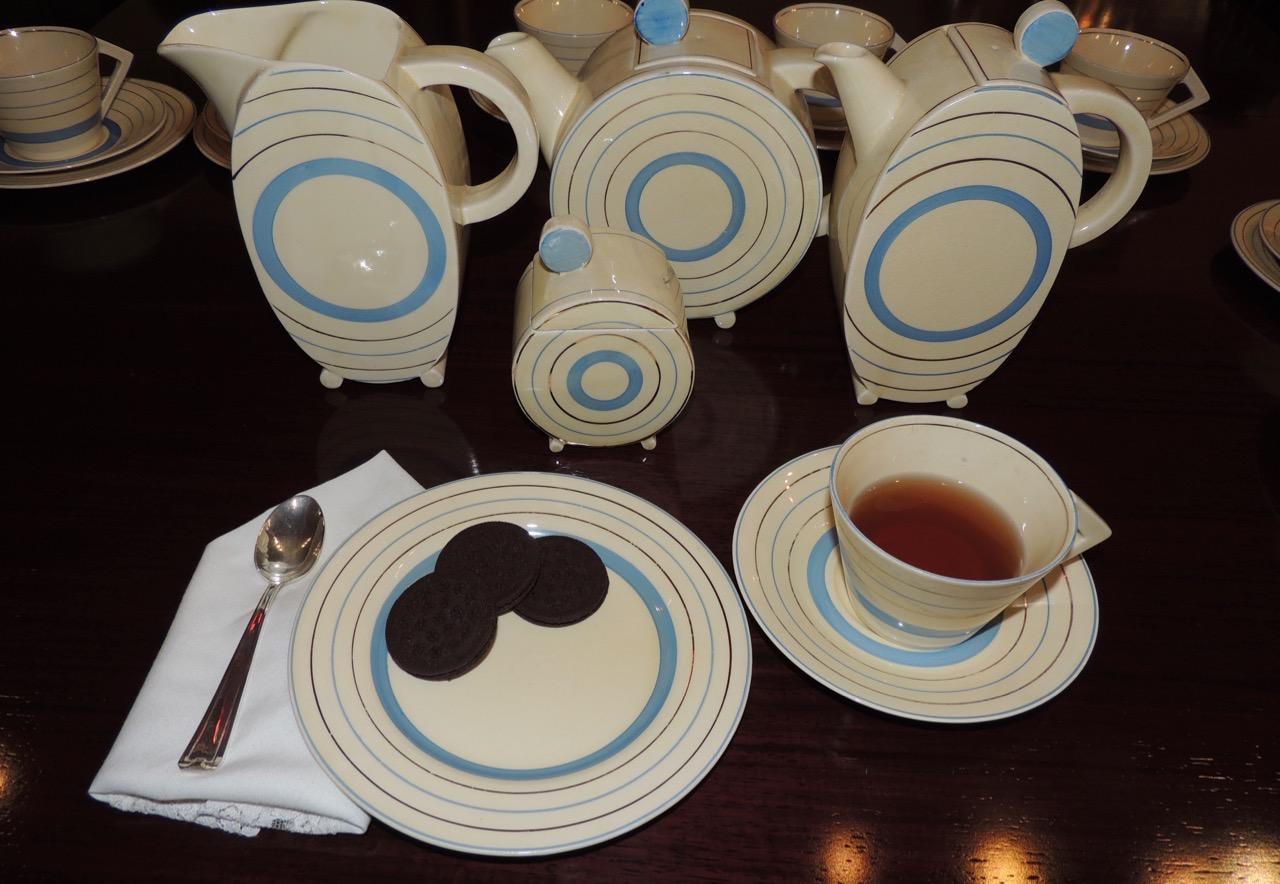 This Clarice Cliff tea set for eight 28 pieces total is so rare and so deco. More streamlined and elegant than the playful Bizarre Ware that she is known for, this set in the Bonjour shape and target pattern for the Newport Pottery Company in 1931.