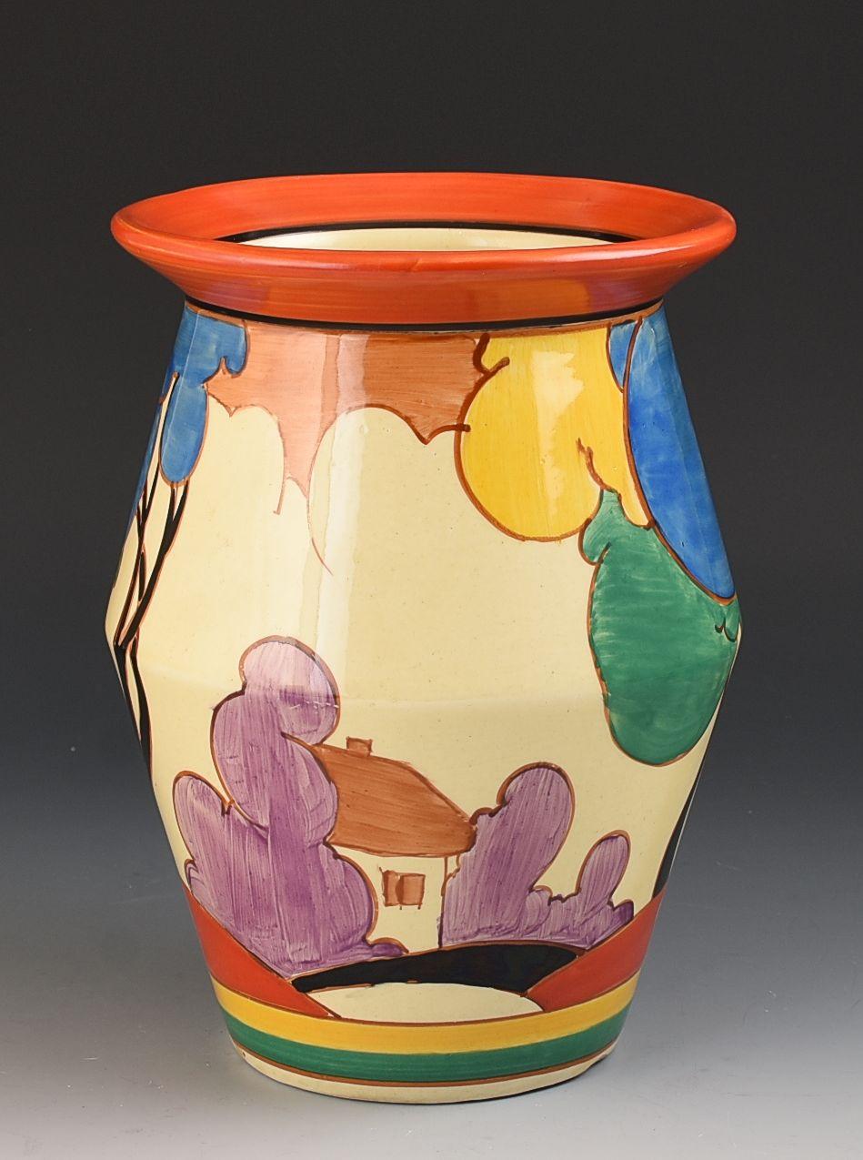 A fantastic and early 342 vase decorated in a perfect version of Blue Autumn. The earliest pieces are often denoted with this red, yellow and green banding combination with the pattern being beautifully painted in thick, bold strokes. A double image