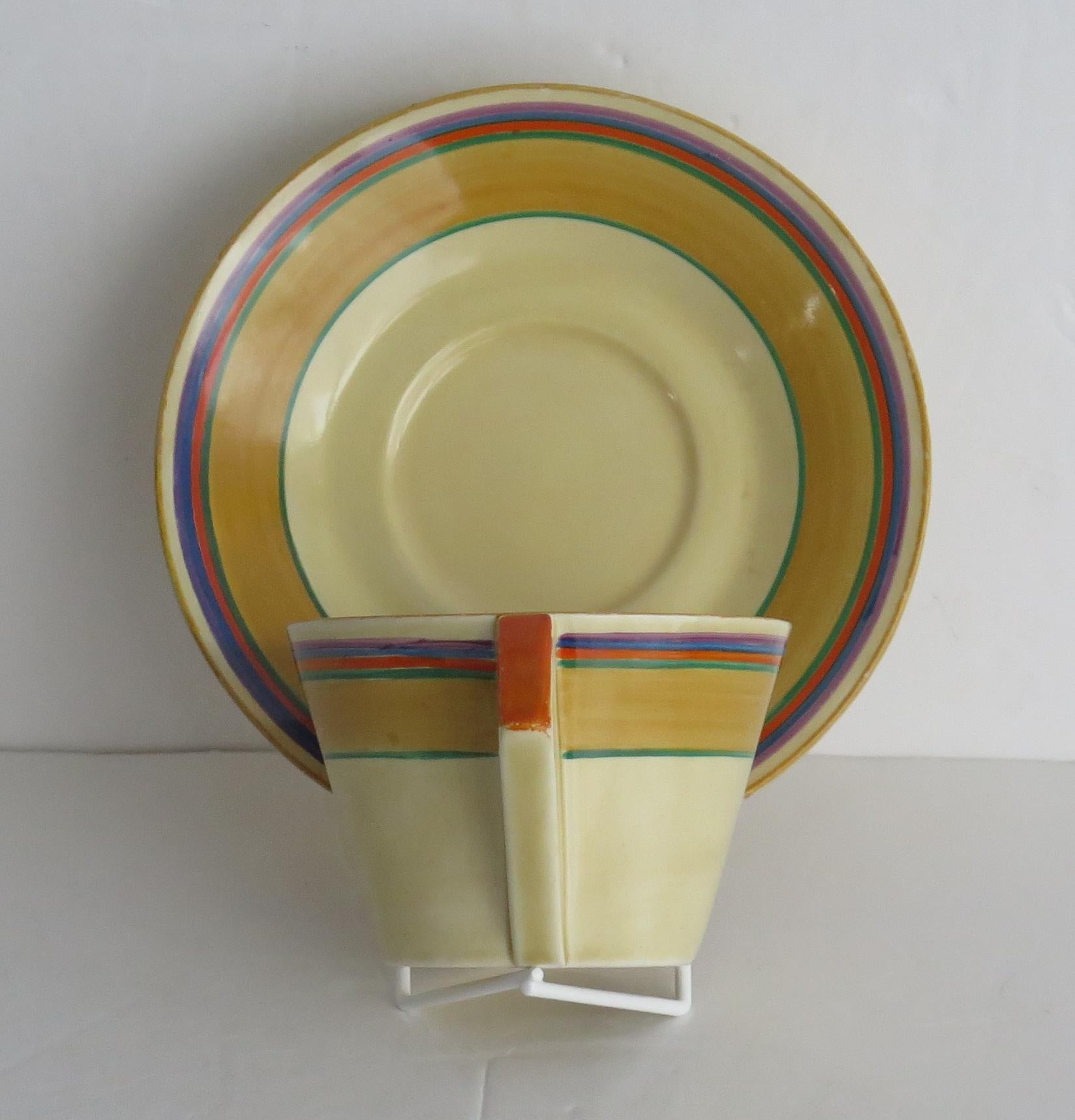This is a cup & saucer duo in the conical shape with the Banded pattern all hand painted by the renowned Art Deco designer Clarice Cliff. This piece dates to the late Bizarre period, Circa 1930. 

This pattern has the distinctive 