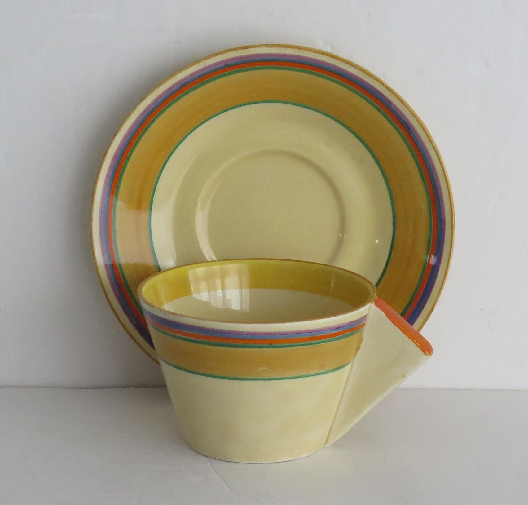 British Clarice Cliff Cup and Saucer Conical Banded Bizarre Ptn Art Deco, circa 1930