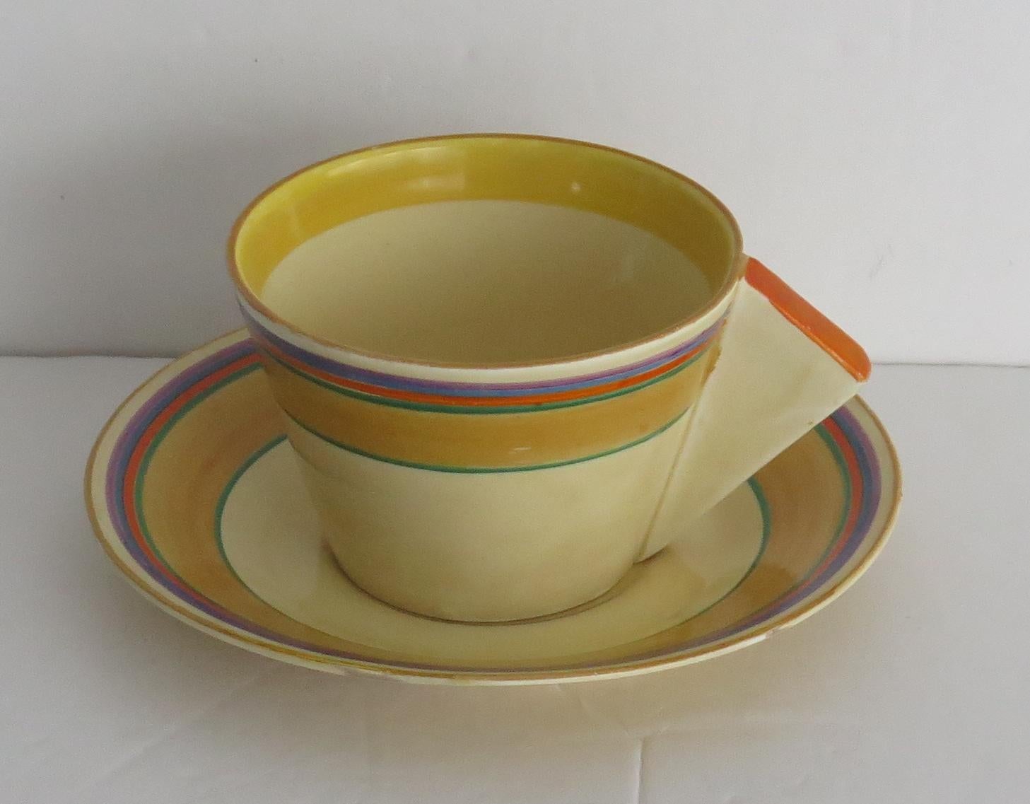 Hand-Painted Clarice Cliff Cup and Saucer Conical Banded Bizarre Ptn Art Deco, circa 1930