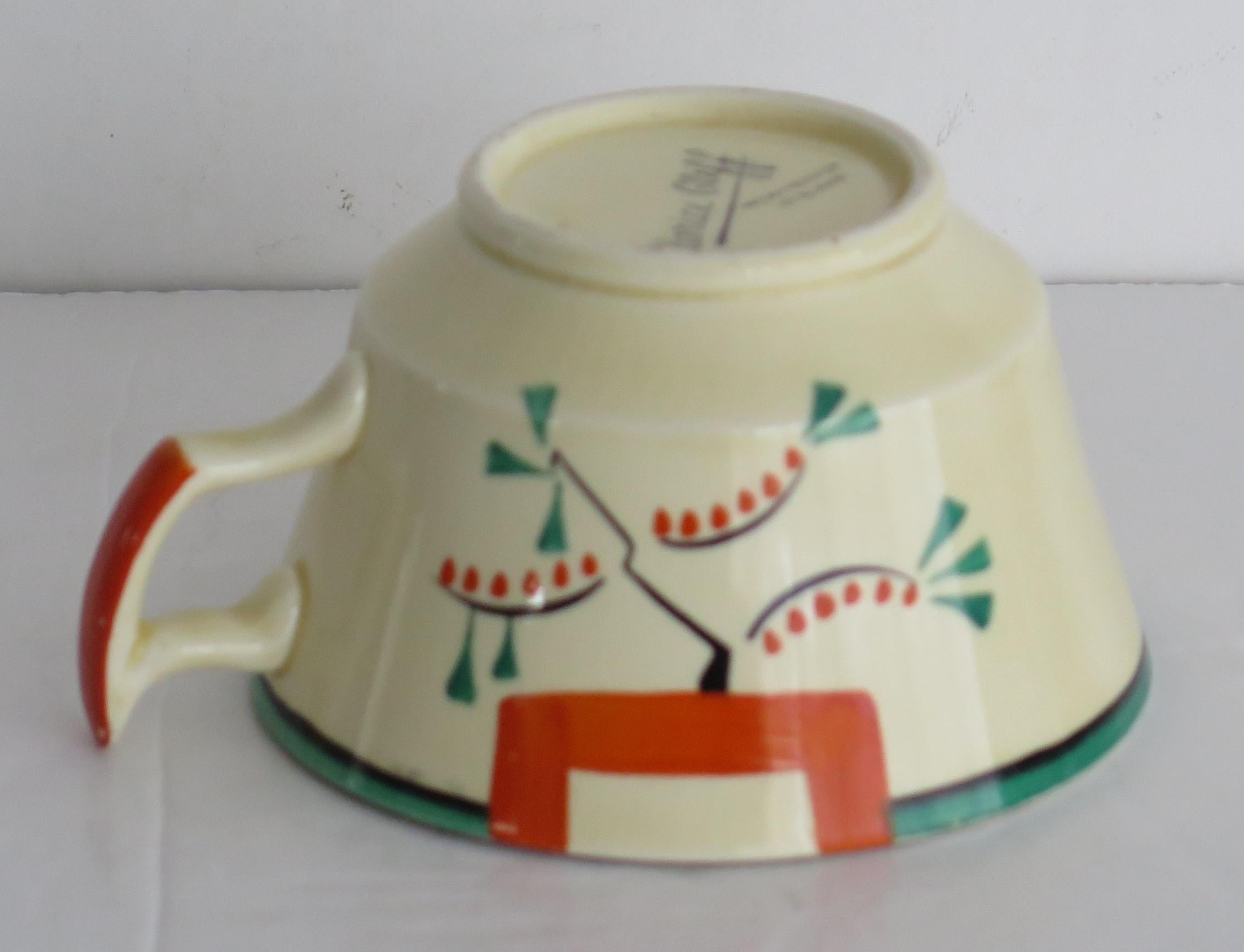 Hand-Painted Clarice Cliff Cup and Saucer Duo Ravel Pattern Athens Shape, Art Deco circa 1936 For Sale
