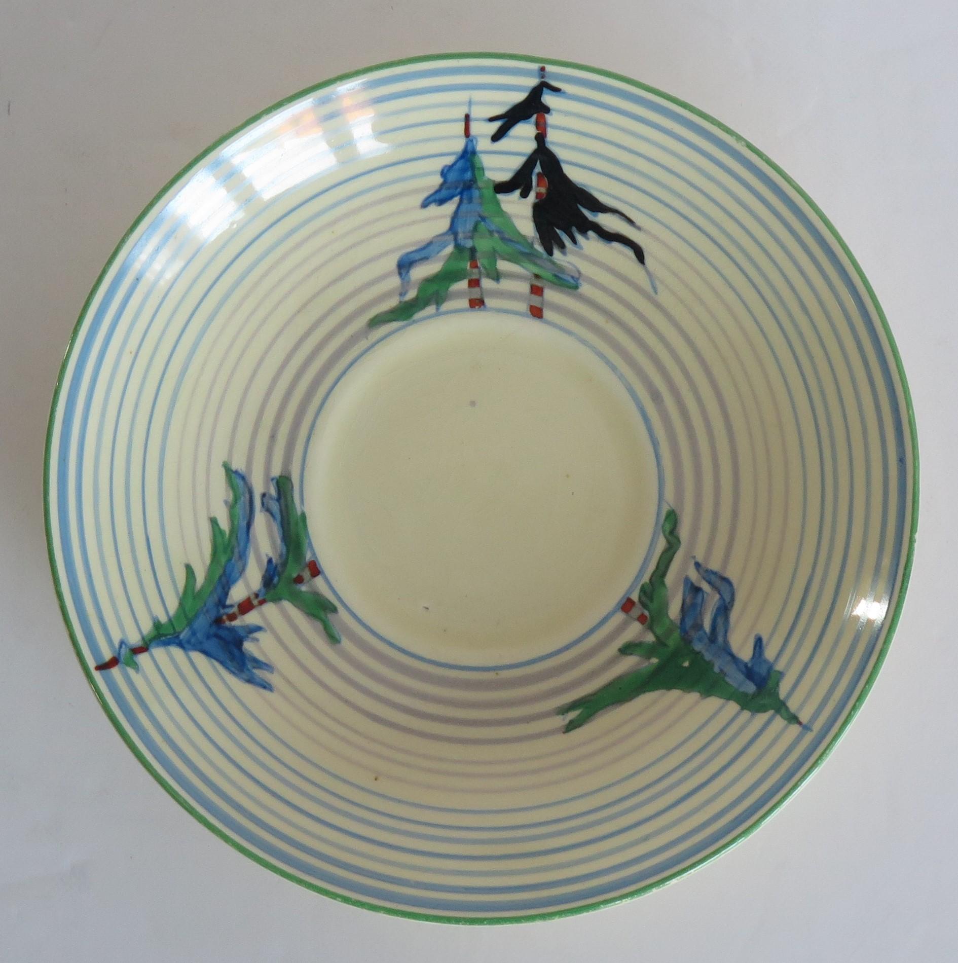 Pottery Clarice Cliff Cup and Saucer Rare Pine Grove Bizarre Ptn Art Deco, Circa 1935 For Sale