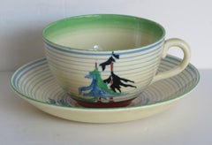 Tasse et soucoupe Cliff de Clarice, rare Pine Grove Bizarre Ptn Art Déco, vers 1935