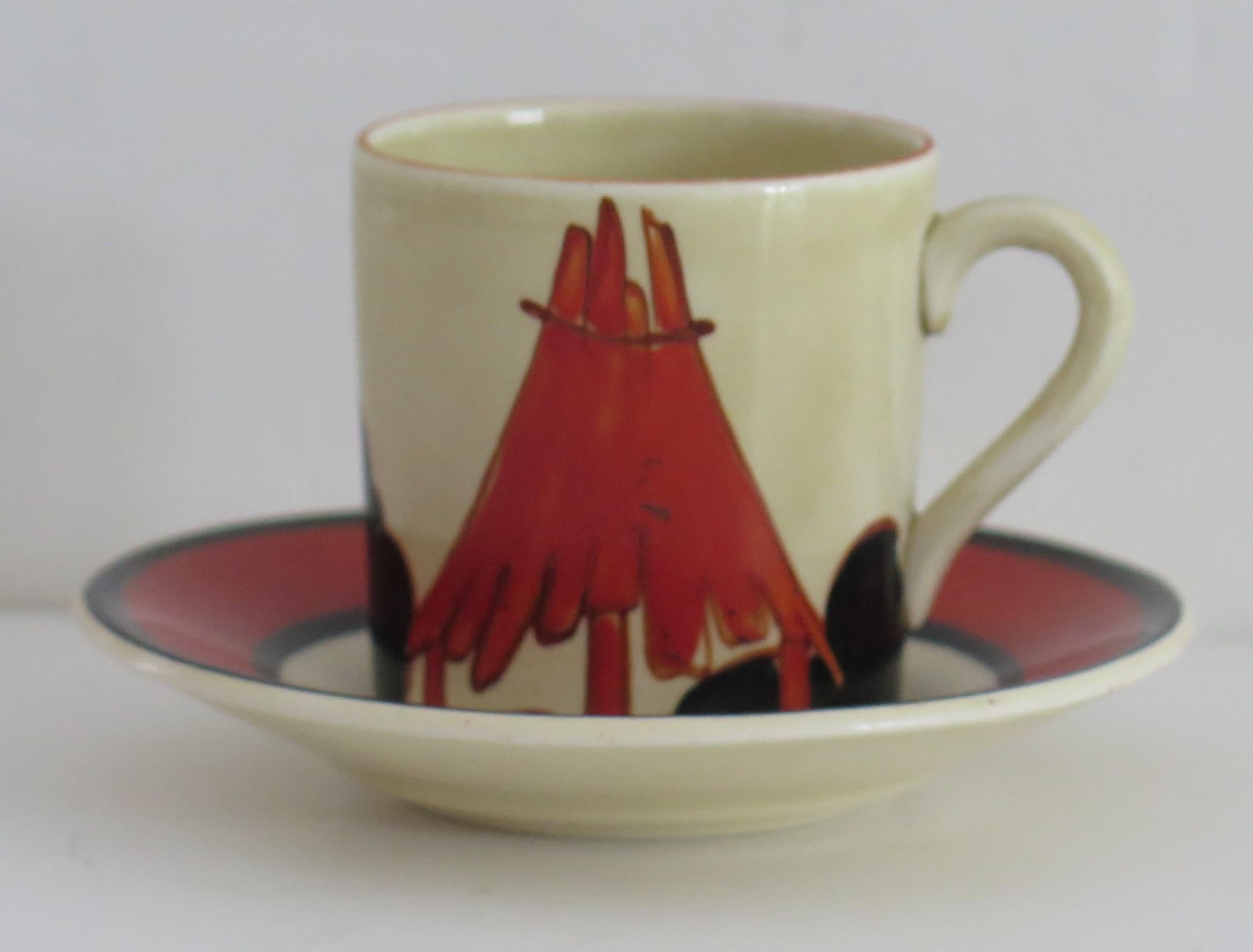 British Clarice Cliff Cup and Saucer Rare Red Autumn Bizarre & Fantasque Ptn, circa 1930