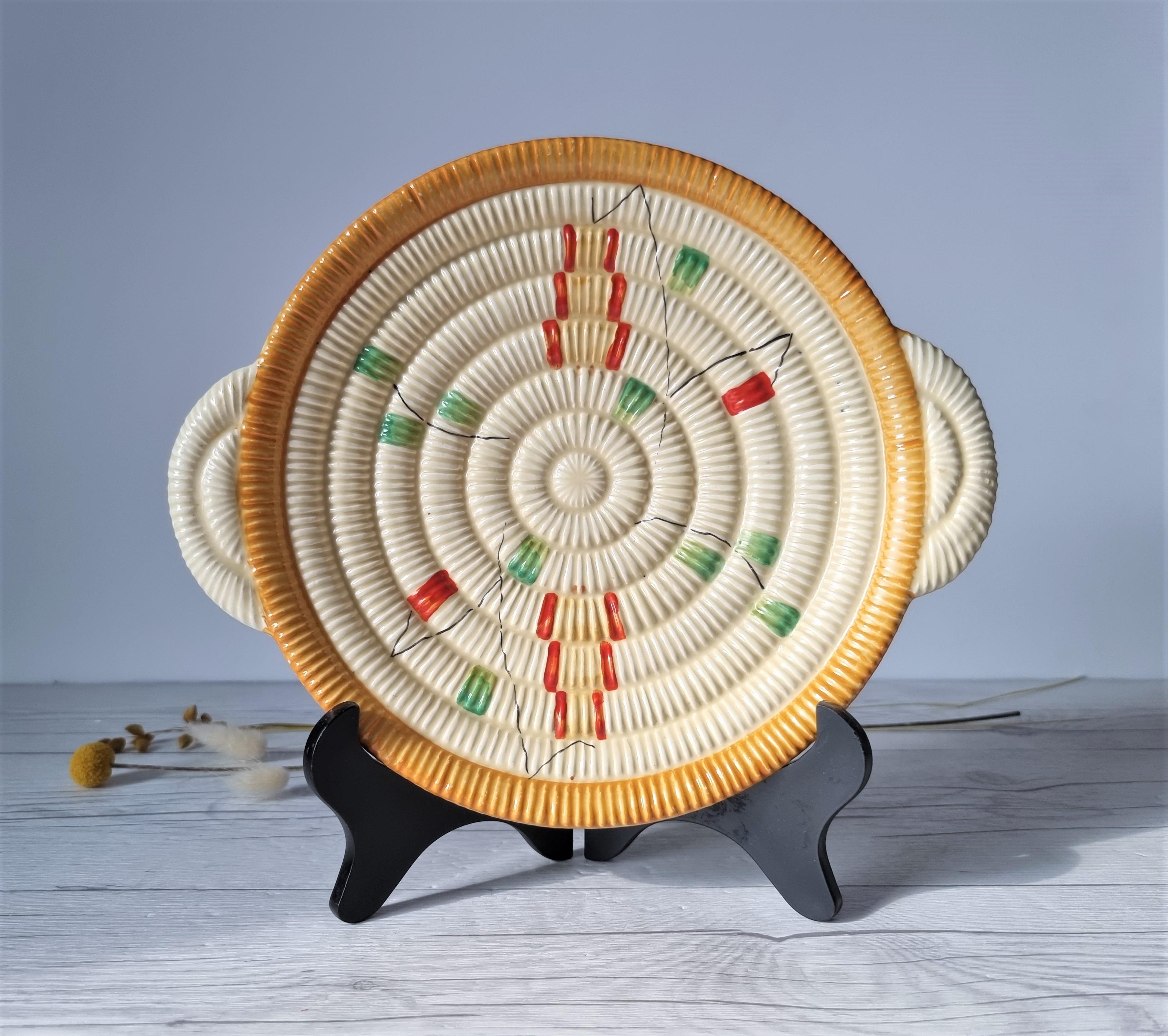 Art Deco Clarice Cliff for Newport Pottery, 1936-37 Raffia Indiana Series, Textured Dish For Sale