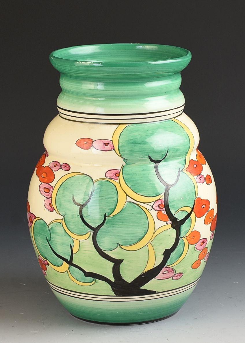 A fabulous and rare 358 shape vase in Green Erin. This will date to 1933 and is a wonderful example of the pattern on one of the best shape vases. Beautifully decorated and in superb condition. A tiny bit of wear on a small part of the rim apex but