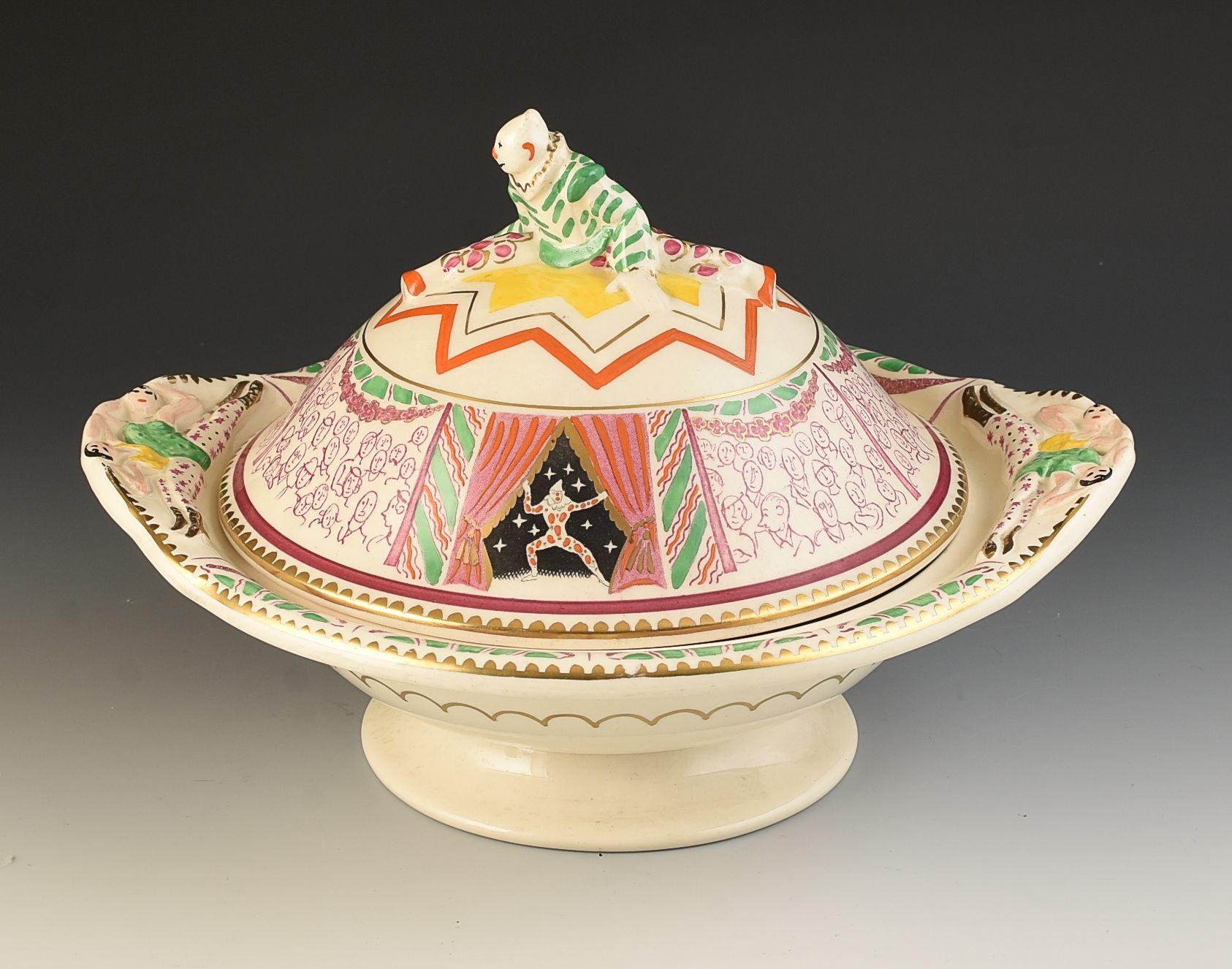 A very rare and hard to source tureen designed by Laura Knight for the Harrods 'Art in Industry ' exhibition of 1934. These tablewares were made for the ''Modern art for the table'' section where current artists of the time were invited to design