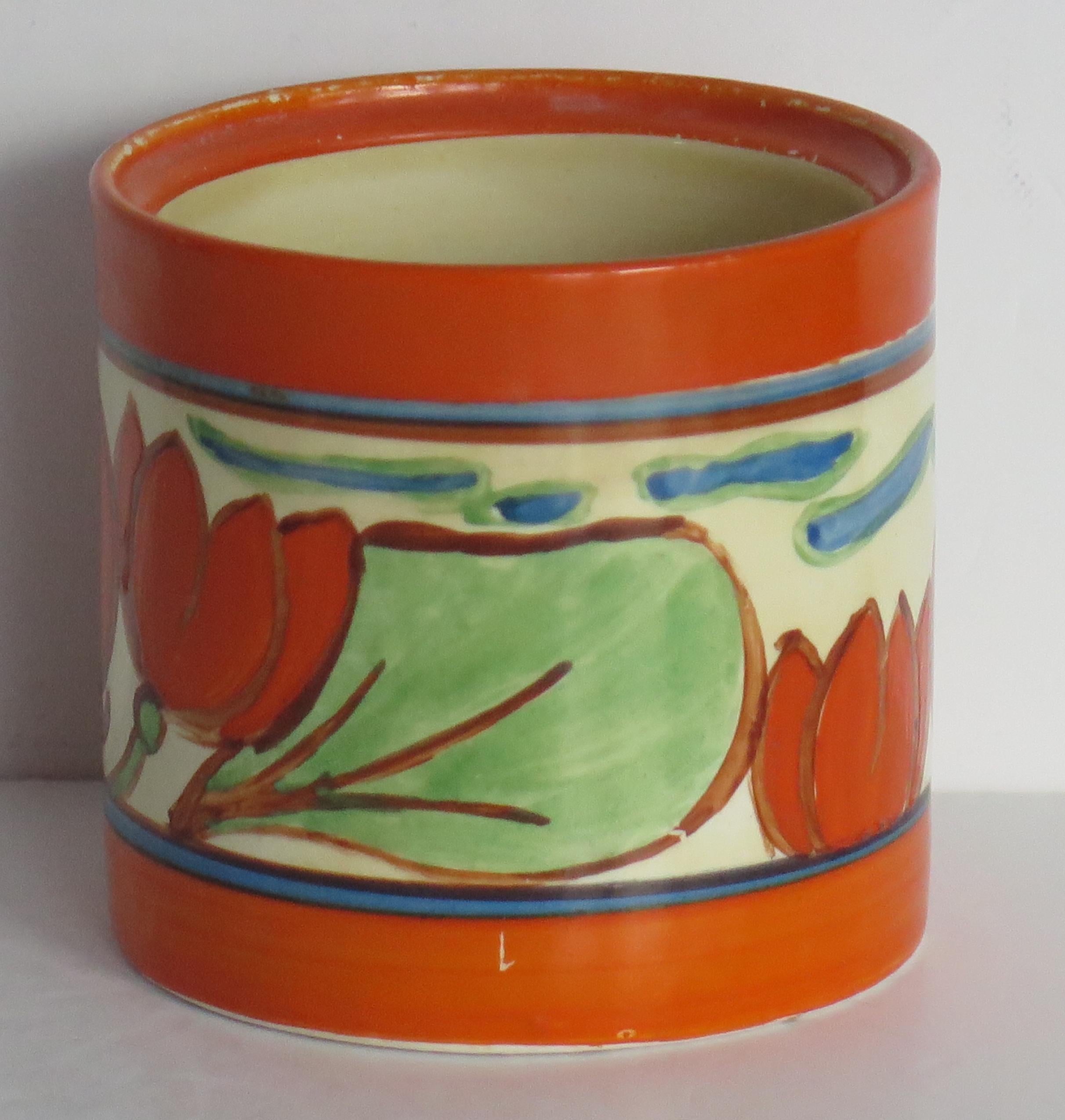 Clarice Cliff Pot in Lilien-Orange mit Fantasque-Muster, Art-déco-Periode um 1929 (Art déco) im Angebot