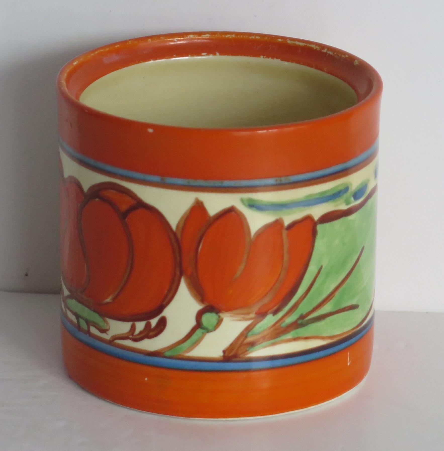 Clarice Cliff Pot in Lilien-Orange mit Fantasque-Muster, Art-déco-Periode um 1929 (Töpferwaren) im Angebot