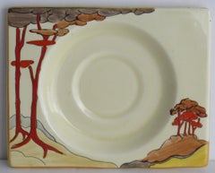 Clarice Cliff Saucer Dish in Coral Firs Pattern Biarritz Shape, Circa 1935