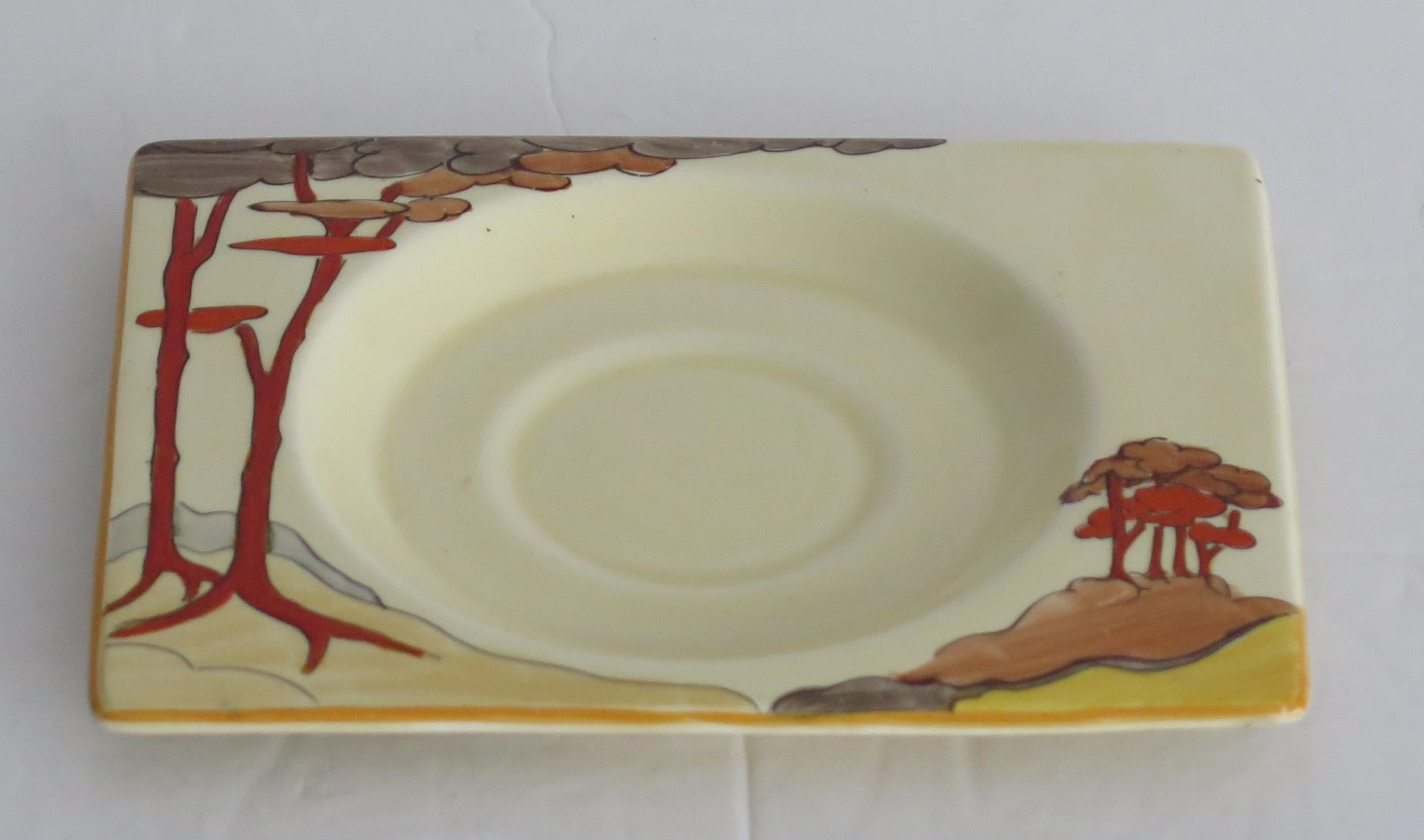 Art Deco Clarice Cliff Saucer Dish in Coral Firs Pattern Biarritz Shape, Circa 1935 For Sale