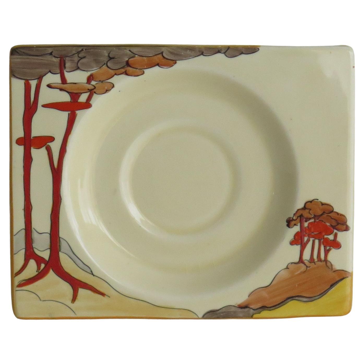 Clarice Cliff Saucer Dish in Coral Firs Pattern Biarritz Shape, Circa 1935