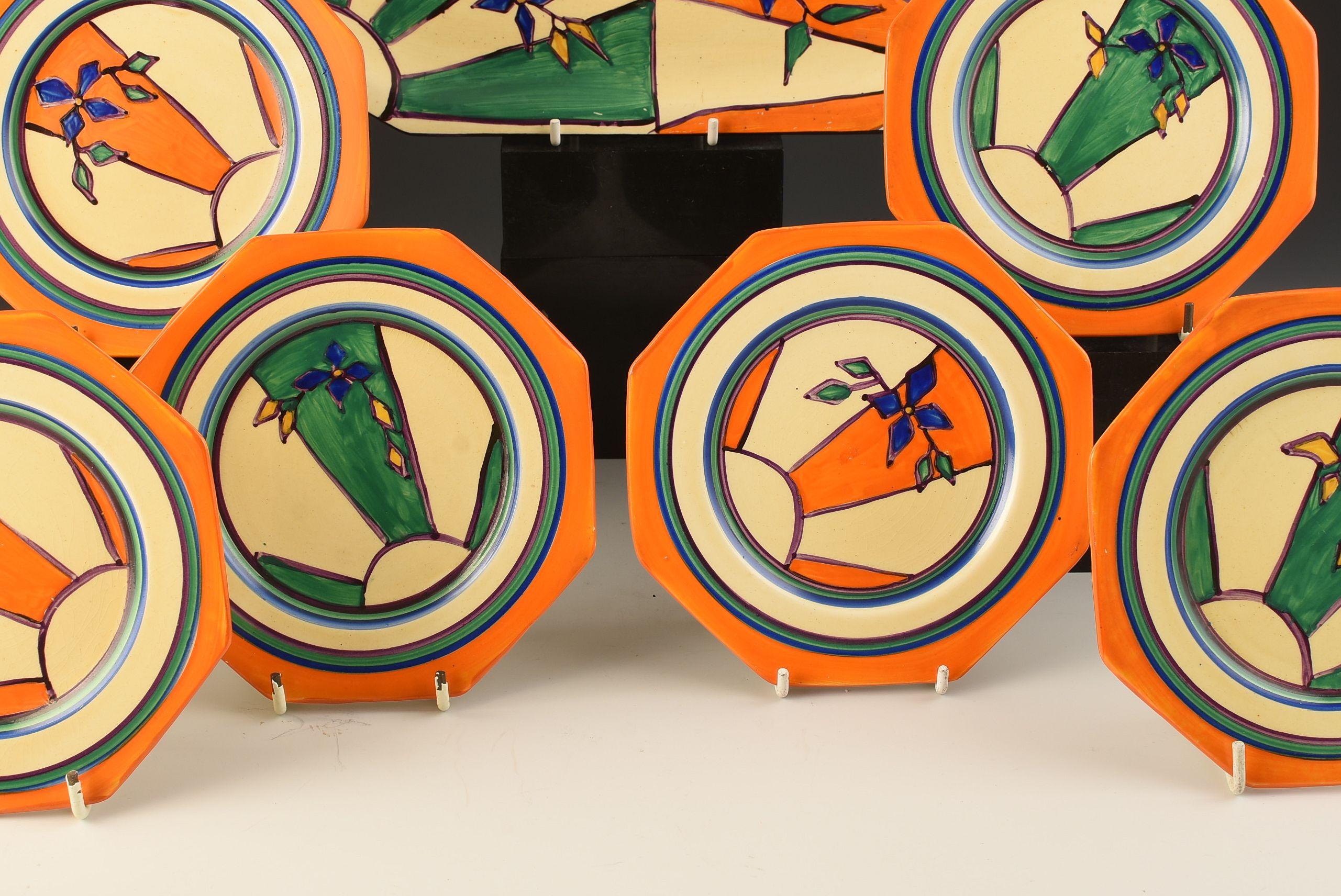 Art Deco Clarice Cliff SUNRAY LEAVES SANDWICH SET C.1929