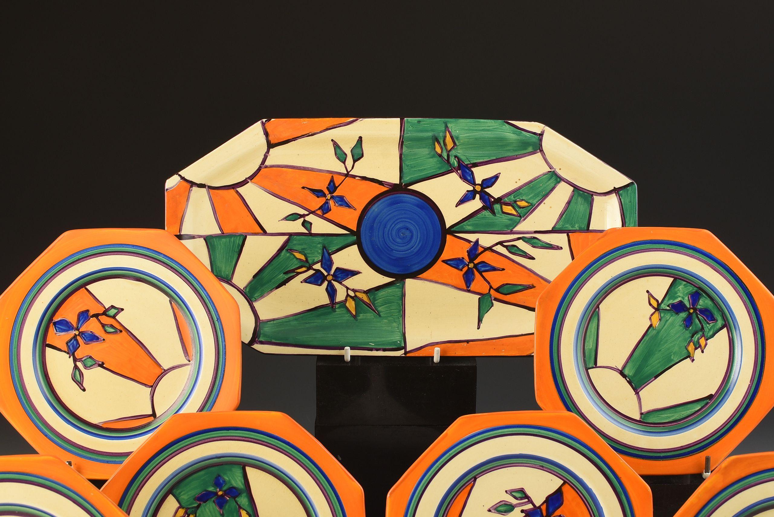 British Clarice Cliff SUNRAY LEAVES SANDWICH SET C.1929