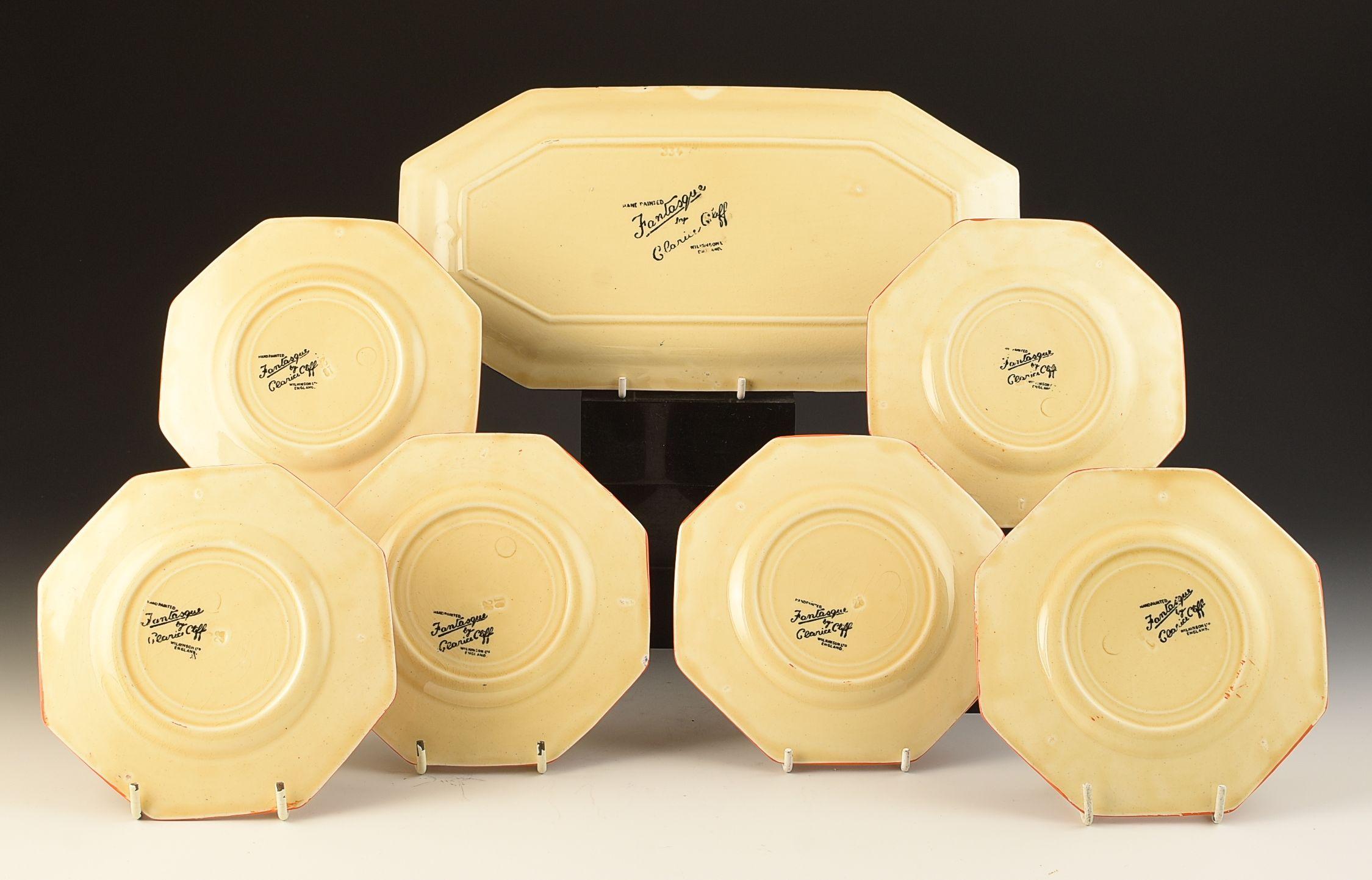 Hand-Painted Clarice Cliff SUNRAY LEAVES SANDWICH SET C.1929