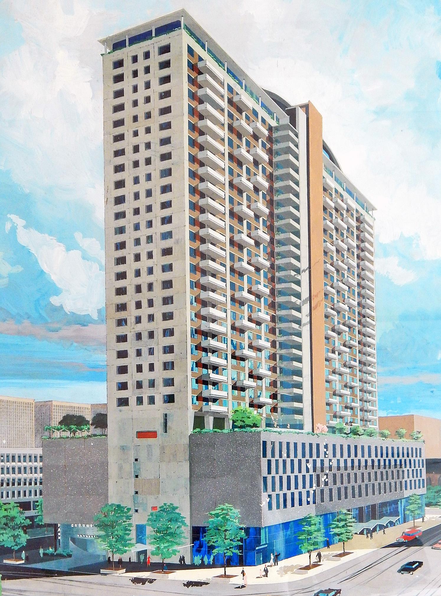 One of the finest midcentury architectural renderings we have ever seen, this large and vivid painting executed in gouache and oil on board was created by the Cleveland architectural firm of Richard Hawley Cutting Associates around 1960. Although