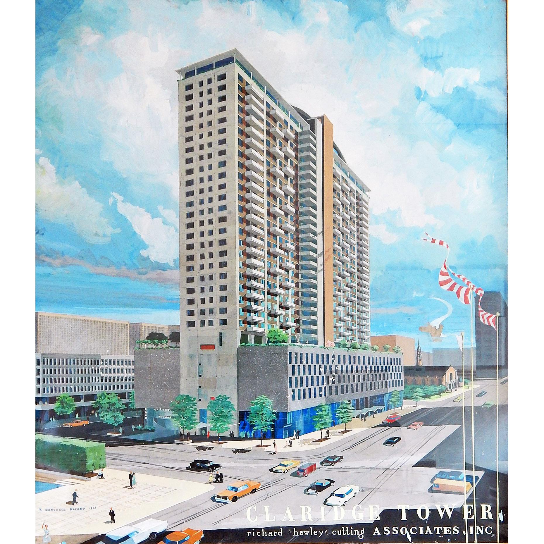 "Claridge Tower, " Superb, Large Architectural Painting, circa 1960, Cleveland