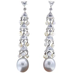 Claris-A 18 Karat Weißgold Perle Diamant-Ohrringe mit Kronleuchter-Ohrringen