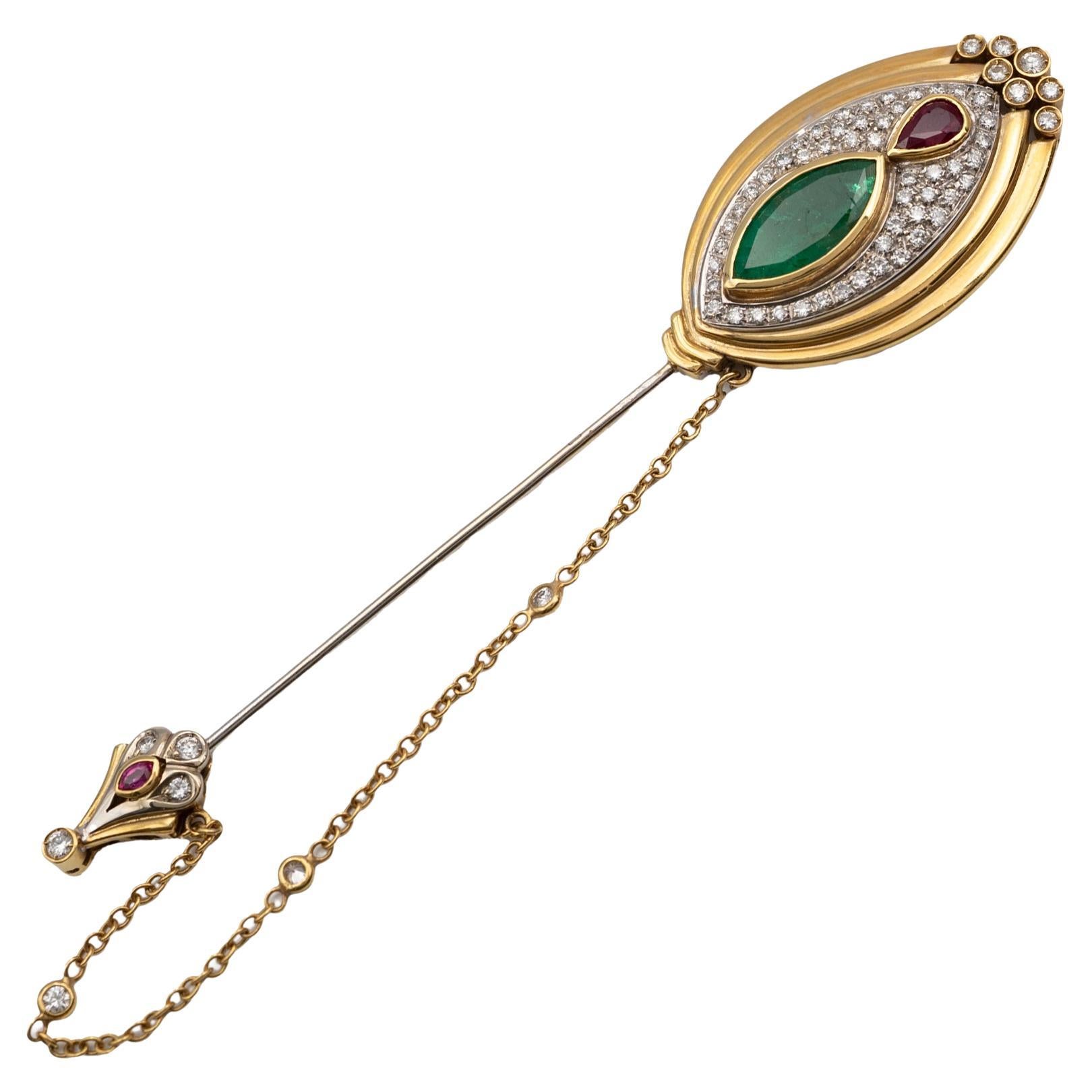Claris-A 18K Gold Emerald, Ruby, and Diamond Statement Pin For Sale