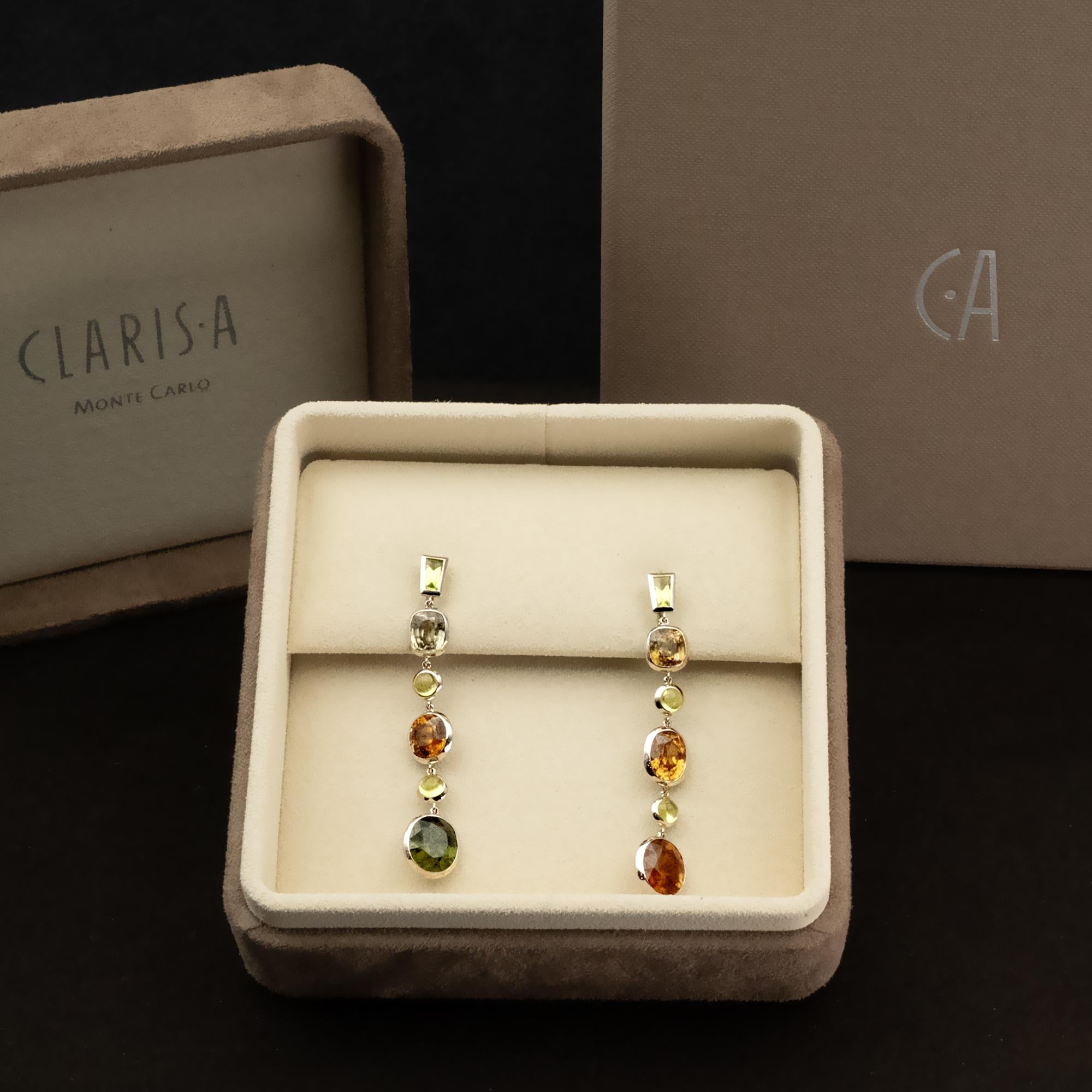 Taglio misto Claris.A Orecchini pendenti con zircone e peridoto in oro bianco 18 carati in vendita