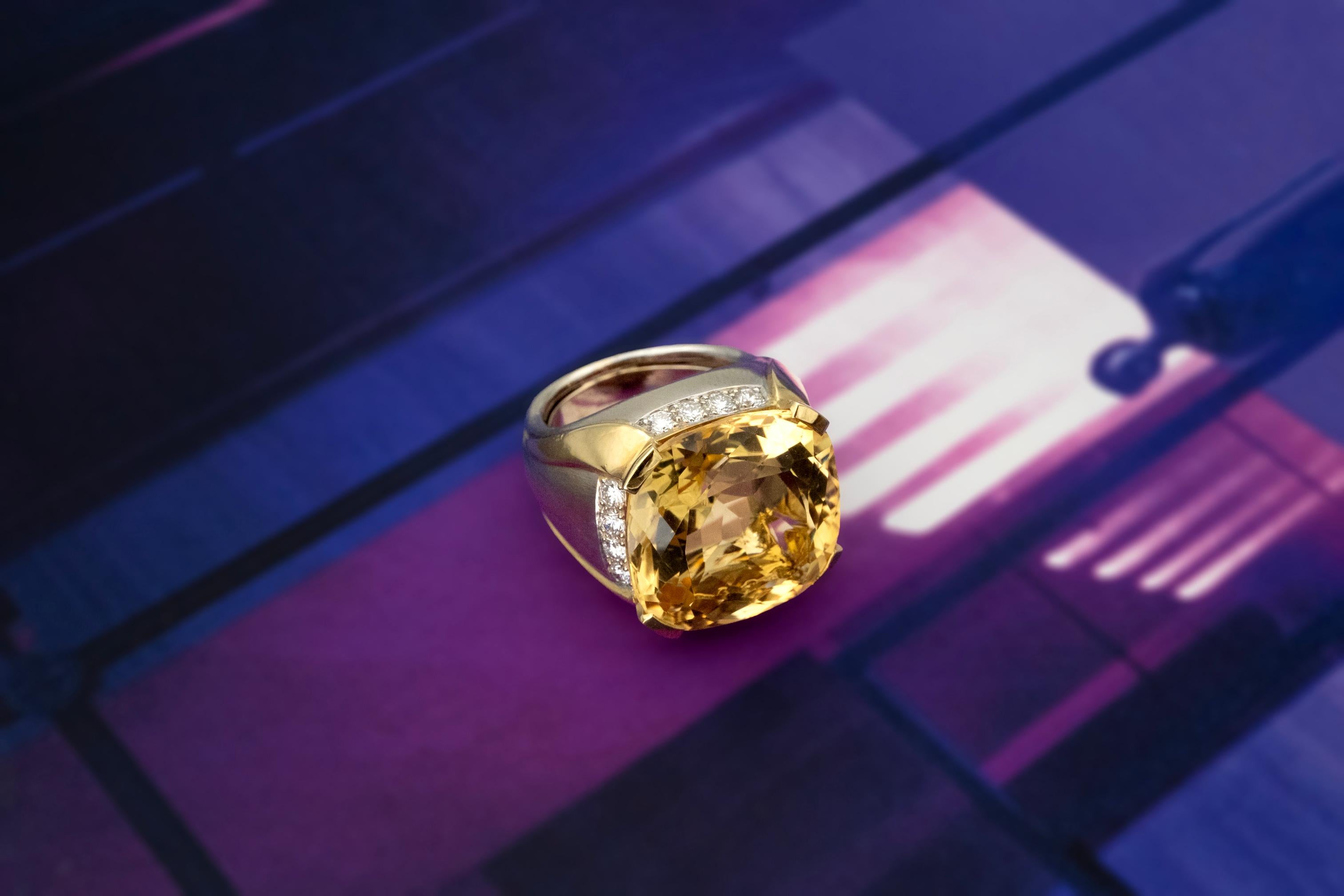 Contemporary Claris-A 18kt Dual-Tone Gold Cushion-Cut Citrine Cocktail Ring with Diamonds For Sale