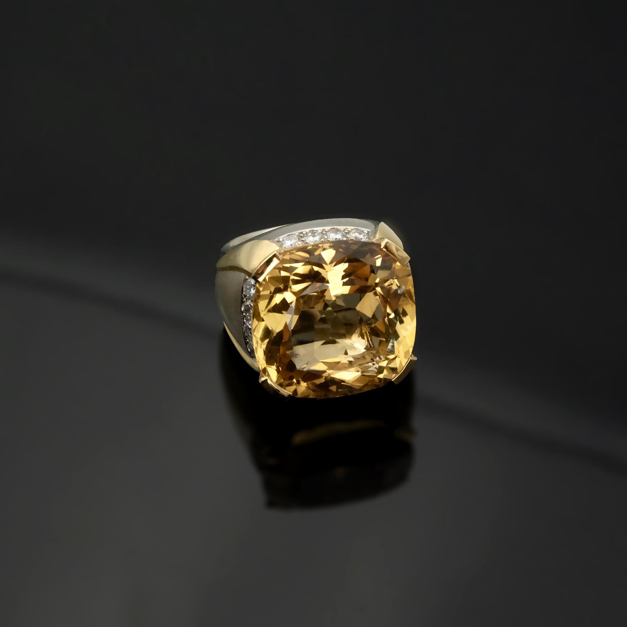 Women's or Men's Claris-A 18kt Dual-Tone Gold Cushion-Cut Citrine Cocktail Ring with Diamonds For Sale