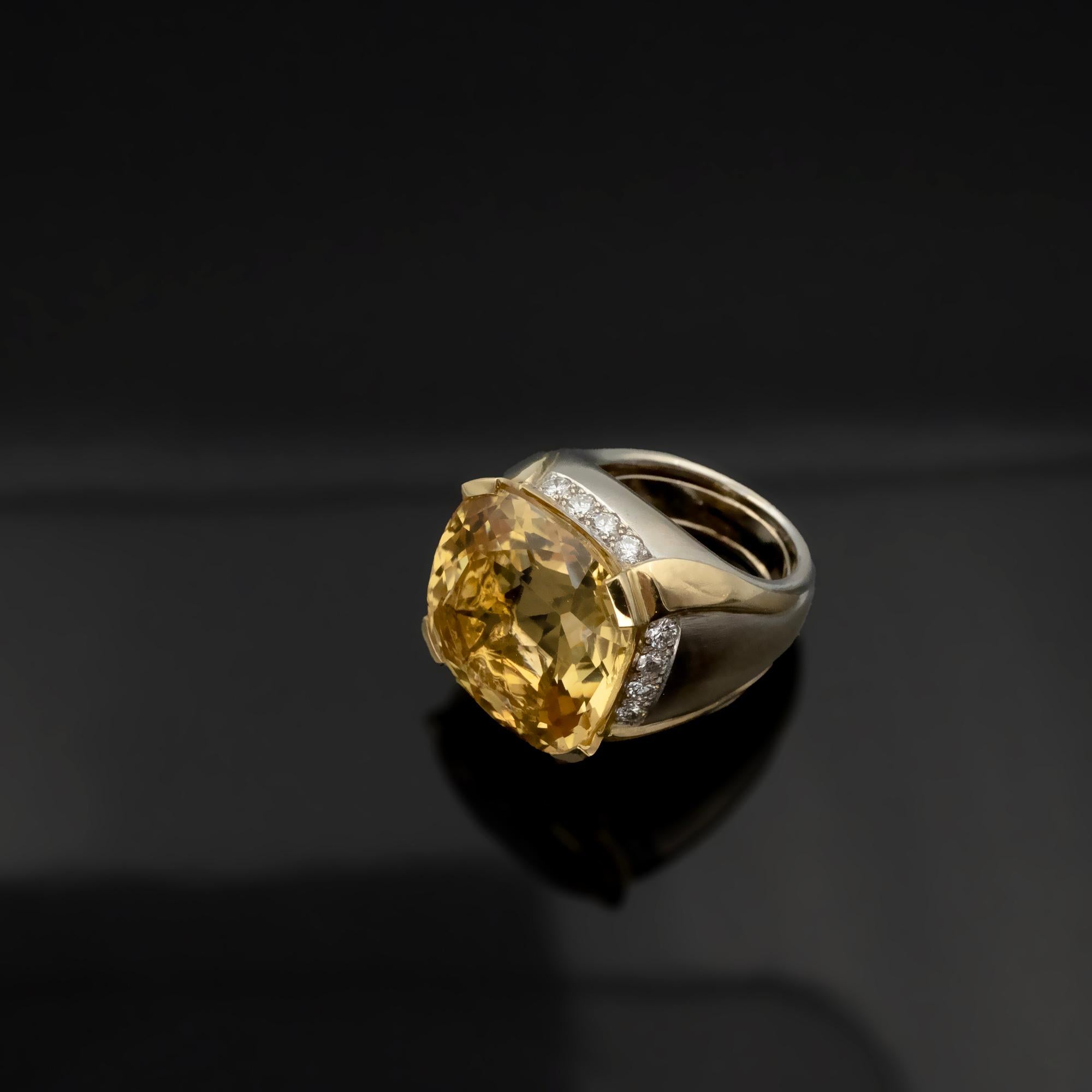 Claris-A 18kt Dual-Tone Gold Cushion-Cut Citrine Cocktail Ring with Diamonds For Sale 1