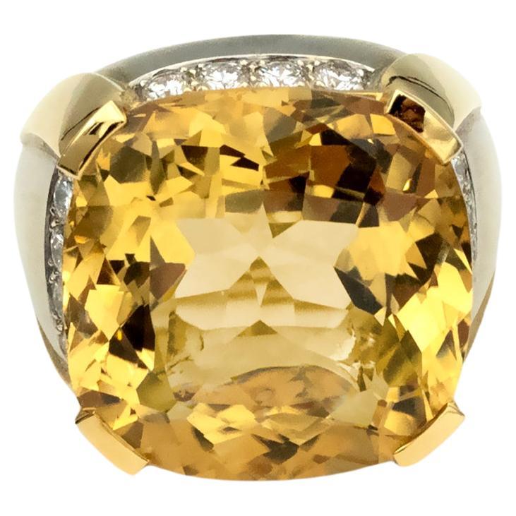 Claris-A 18kt Dual-Tone Gold Cushion-Cut Citrine Cocktail Ring with Diamonds For Sale