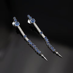 Claris-A 4.62ct. Sapphire and Diamond 18K Gold Extra-Long Dangle Earrings- 8.3cm