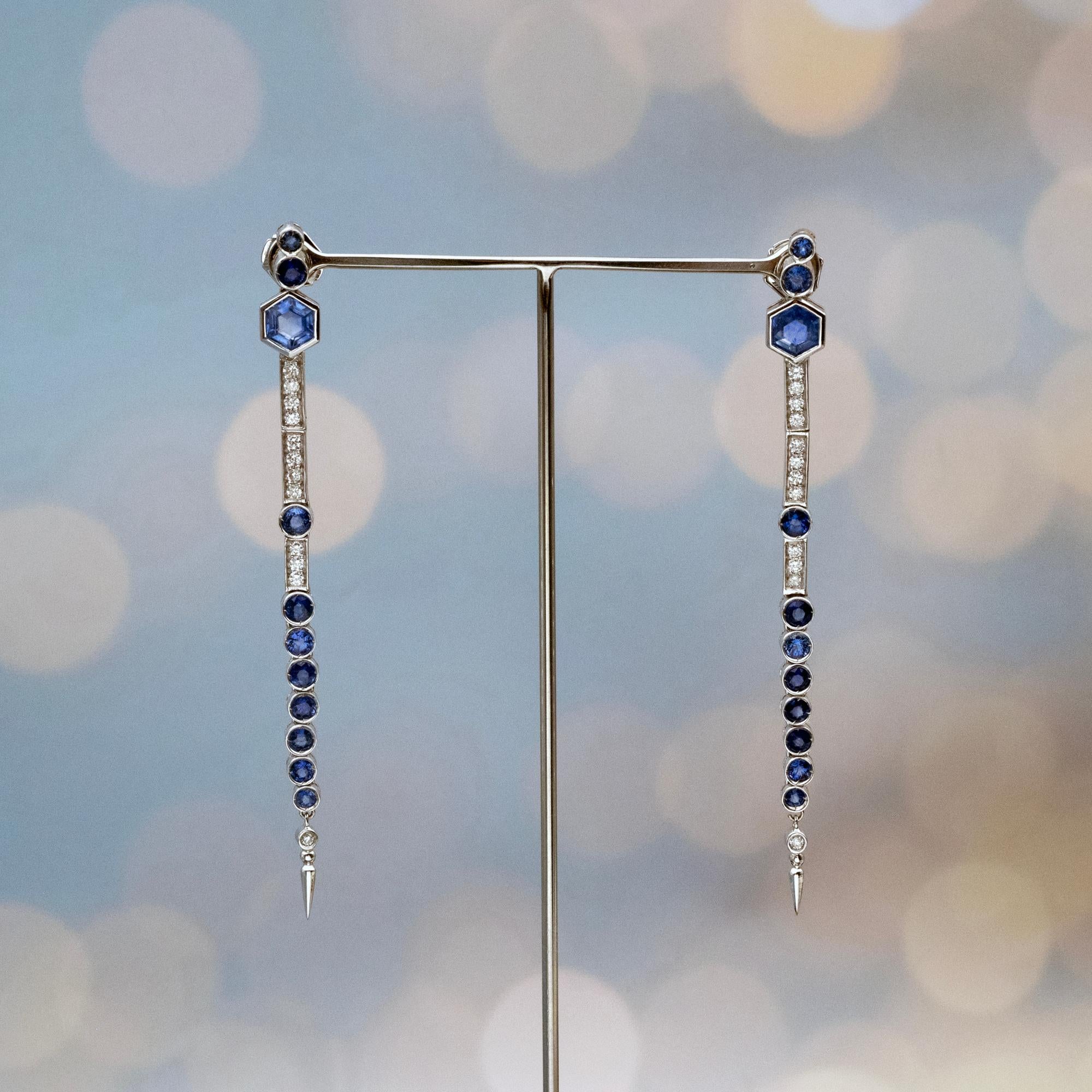 Contemporary Claris-A 4.62ct. Sapphire and Diamond 18K Gold Extra-Long Dangle Earrings- 8.3cm For Sale