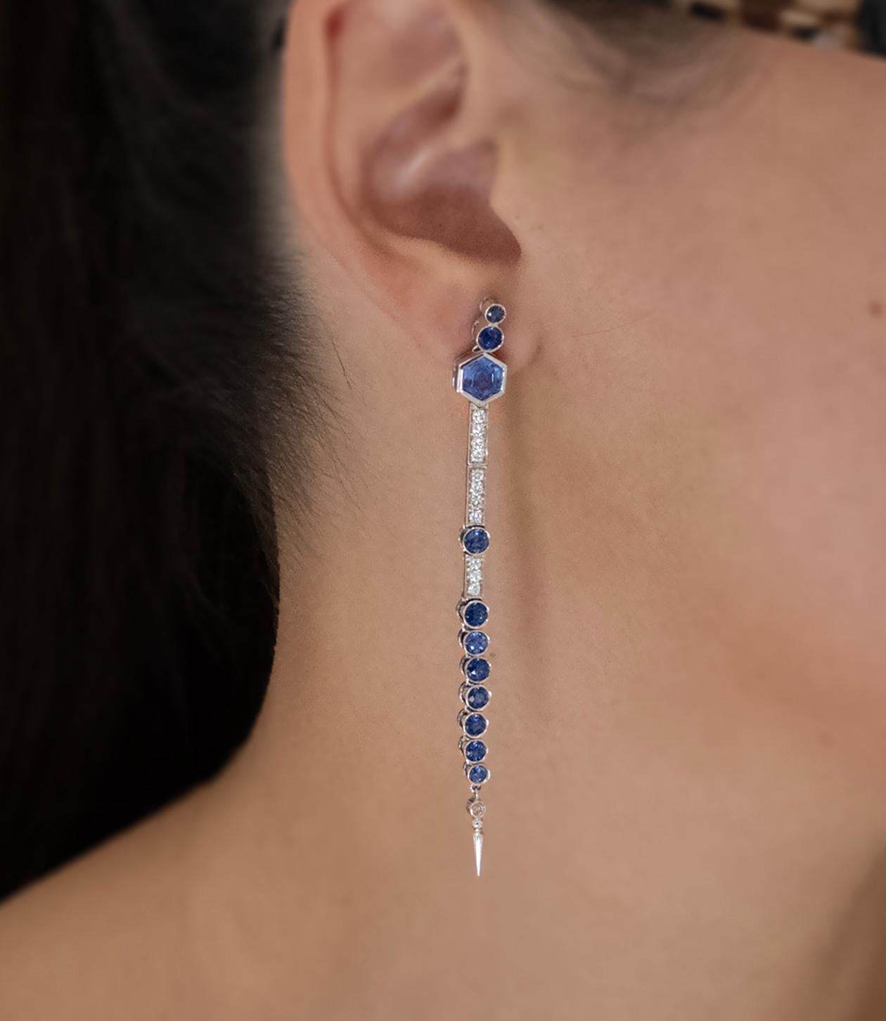 Round Cut Claris-A 4.62ct. Sapphire and Diamond 18K Gold Extra-Long Dangle Earrings- 8.3cm For Sale