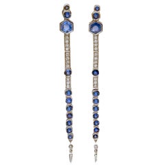 Claris-A 4.62ct. Sapphire and Diamond 18K Gold Extra-Long Dangle Earrings- 8.3cm
